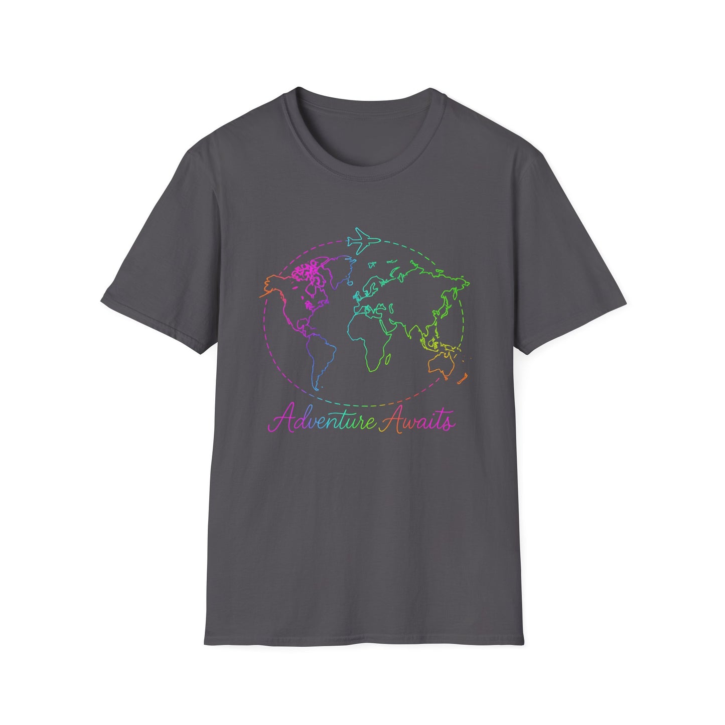Adventure Awaits Neon Y2K Shirt - Retro Travel Tee, Rainbow Globe Graphic, Aesthetic Vacation Top, Y2K Gift for Travelers