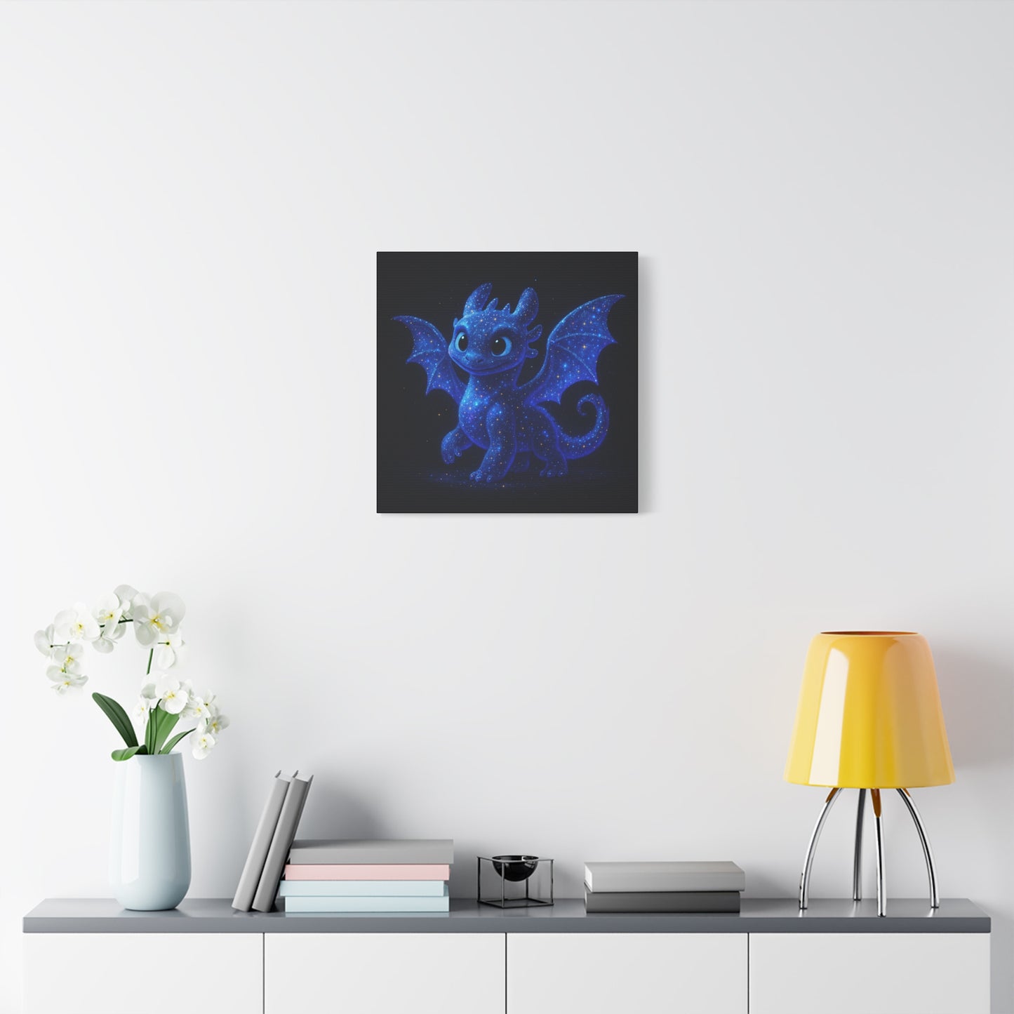 Galaxy Baby Dragon Wall Art | Cute Fantasy Dragon Canvas Print | Starry Night Nursery Decor | Whimsical Creature Room Artwork