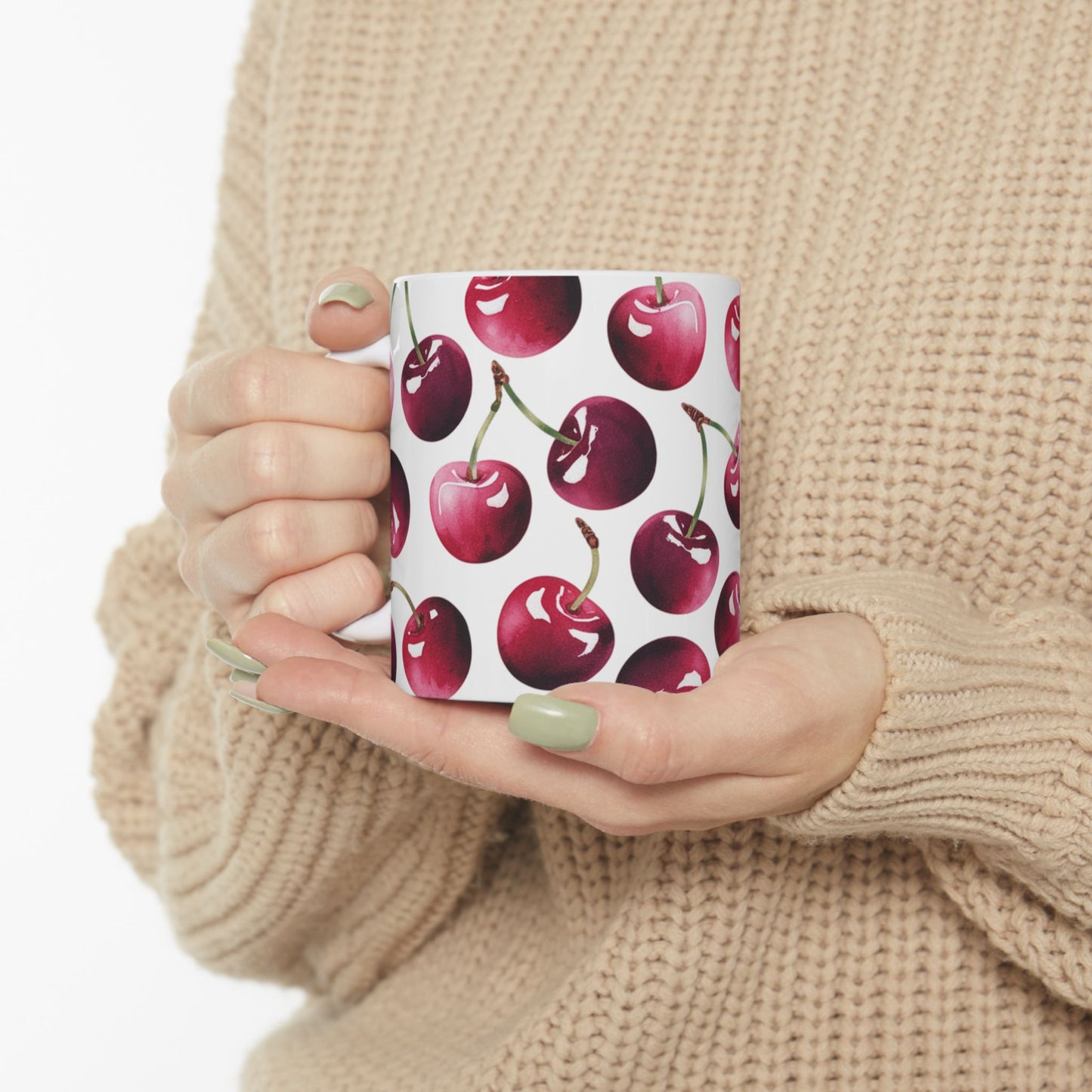 Cherry Pattern Ceramic Coffee Mug – Retro Fruit Cherry Mug, Aesthetic Coquette Cherry Design, Cottagecore Kitchen Gift 11oz & 15oz