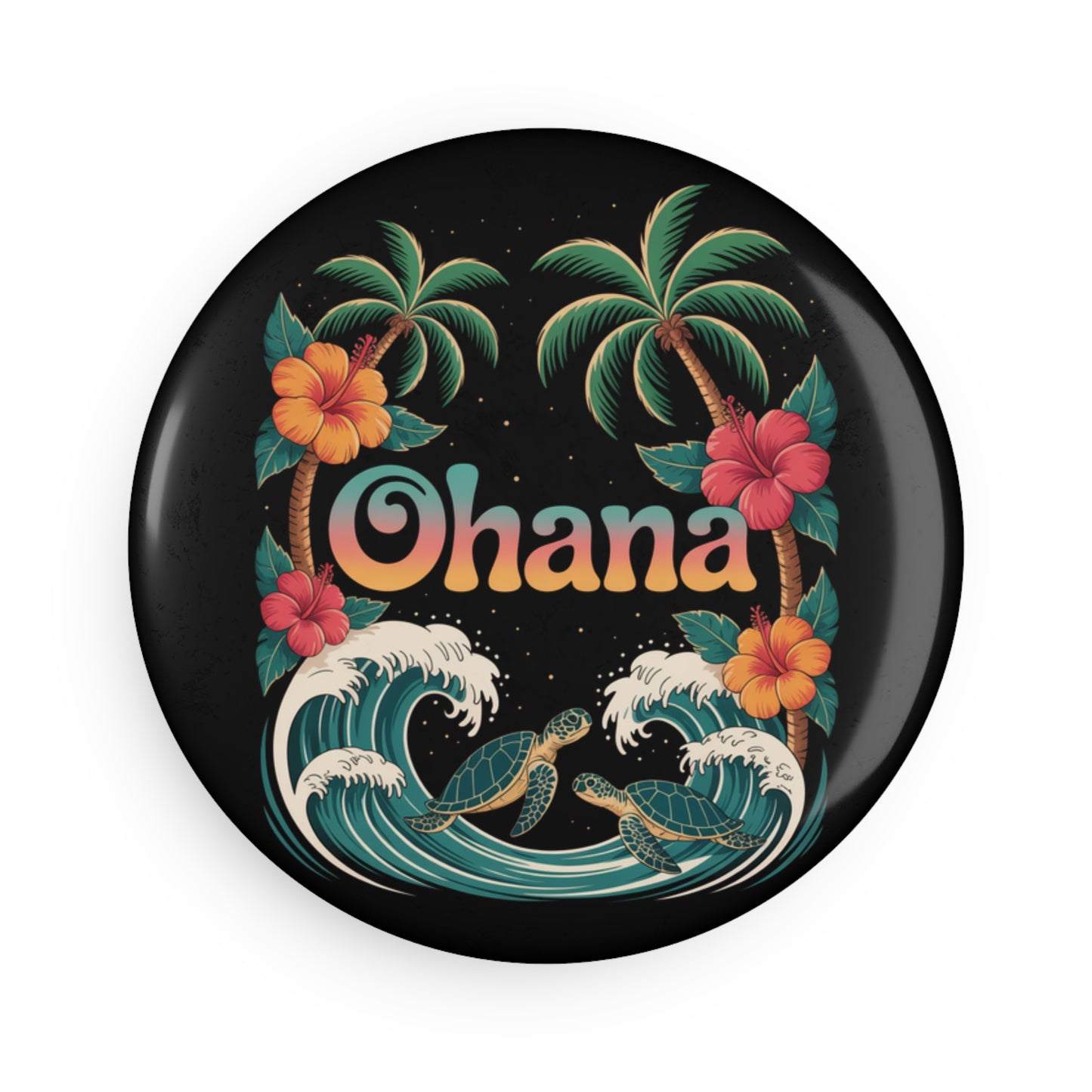 Ohana Magnet – Retro Hawaiian Palm Tree & Sea Turtle Button Magnet for Fridge or Locker – Aesthetic Tropical Gift with Island Vibes