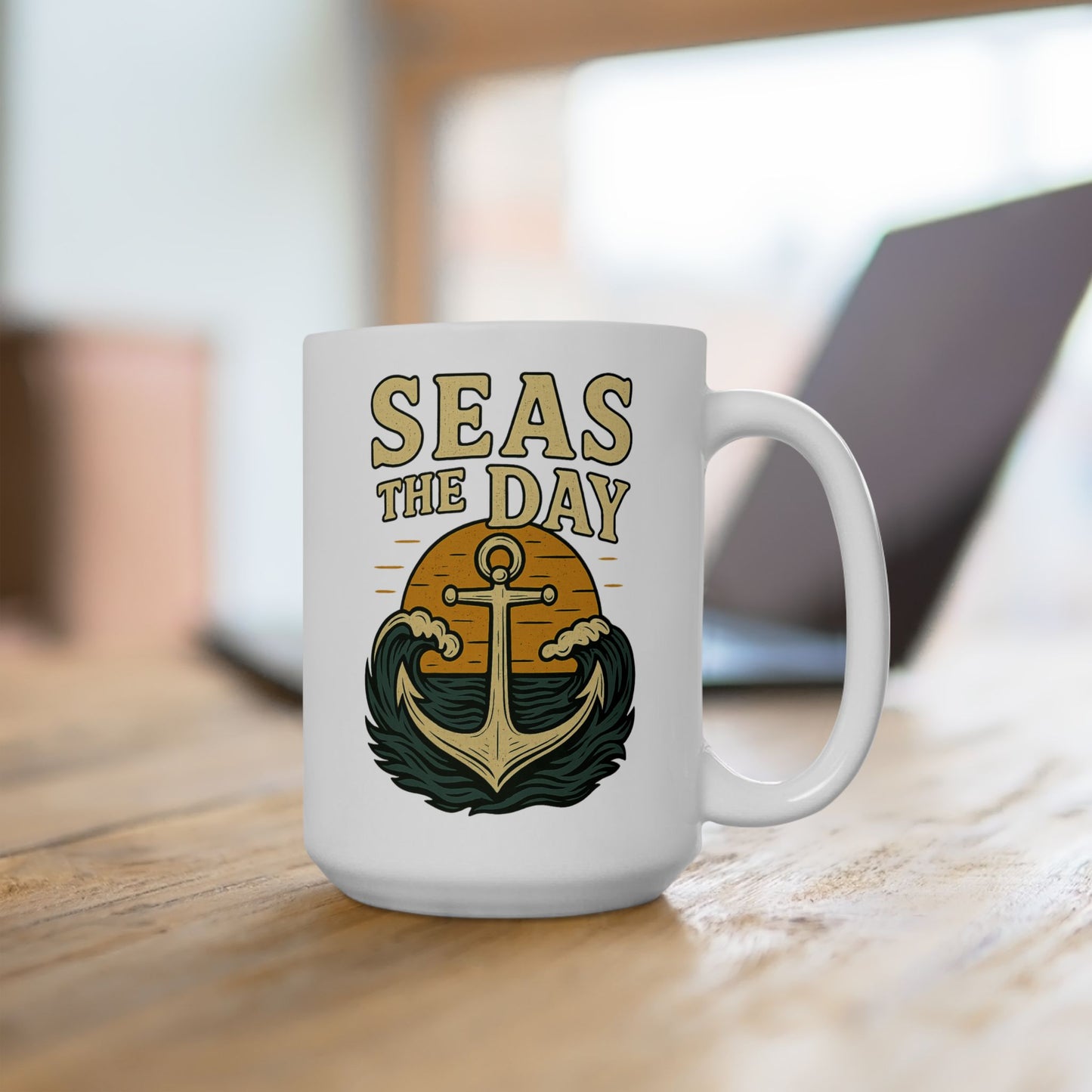 Seas the Day Coffee Mug – Nautical Anchor Ocean Sunset Cup, Funny Motivational Gift for Coffee Lovers, Sailors & Beach Vibes