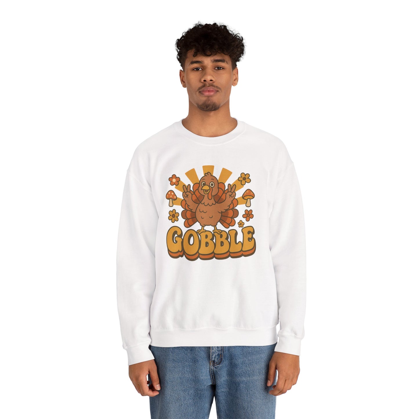 Gobble Turkey Sweatshirt, Retro Fall Turkey Crewneck, Thanksgiving Graphic Pullover, Autumn Mushroom & Flower Design, Cozy Fall Top
