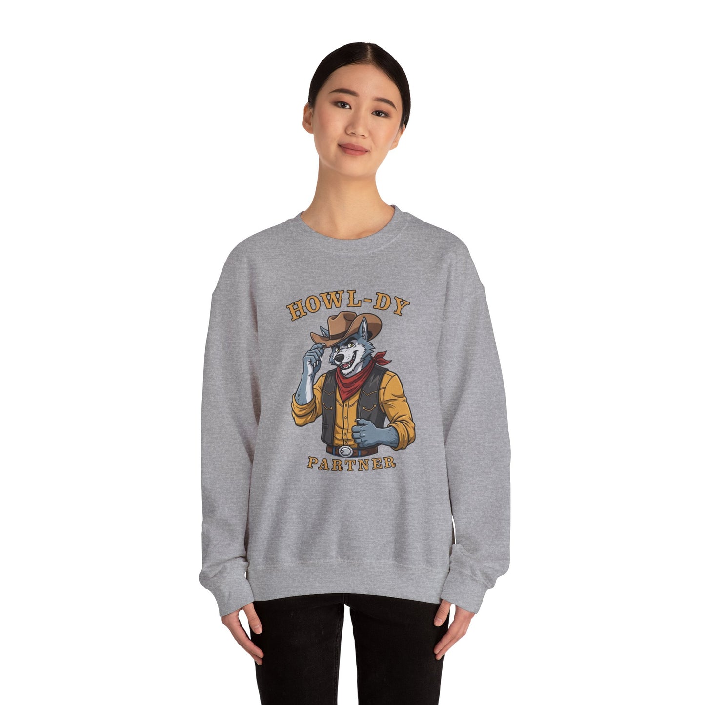 Howl-dy Partner Wolf Sweatshirt, Cowboy Werewolf Halloween Crewneck, Western Spooky Graphic Pullover for Animal Lover Gift Sweatshirt