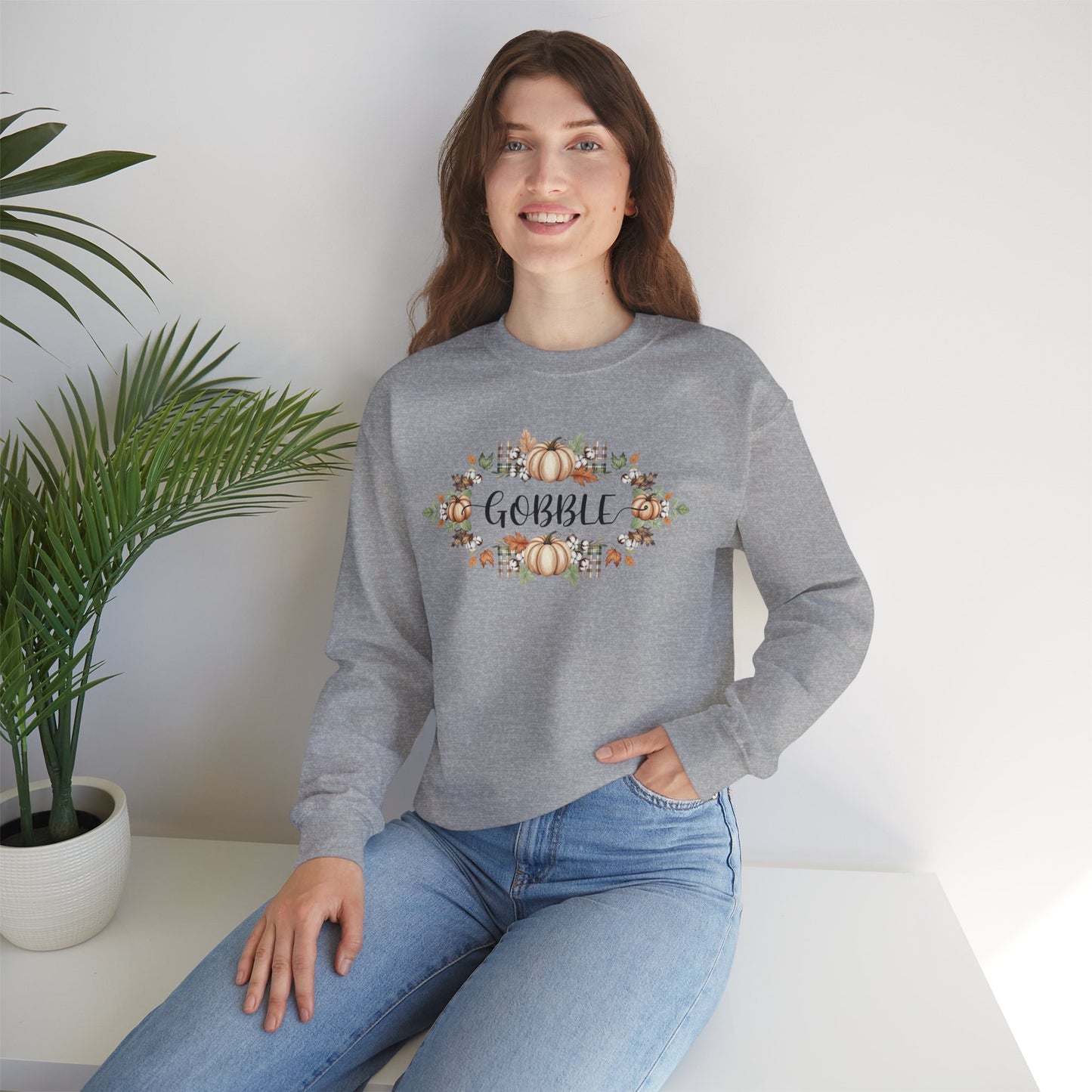 Gobble Thanksgiving Sweatshirt, Rustic Fall Turkey Crewneck, Autumn Pumpkin Floral Pullover, Thanksgiving Outfit Sweater Gift