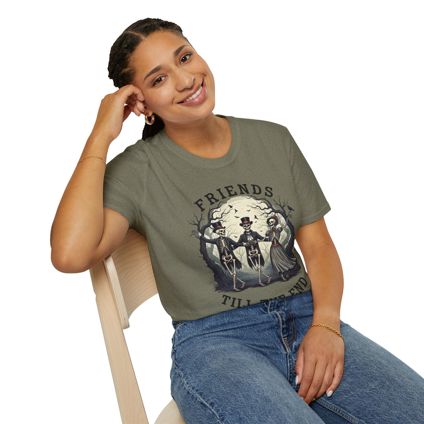 Friends Till The End Skeleton Tee | Dancing Skeleton Friends Shirt | Halloween Gothic BFF Gift | Unisex Heather Grey Graphic T-Shirt