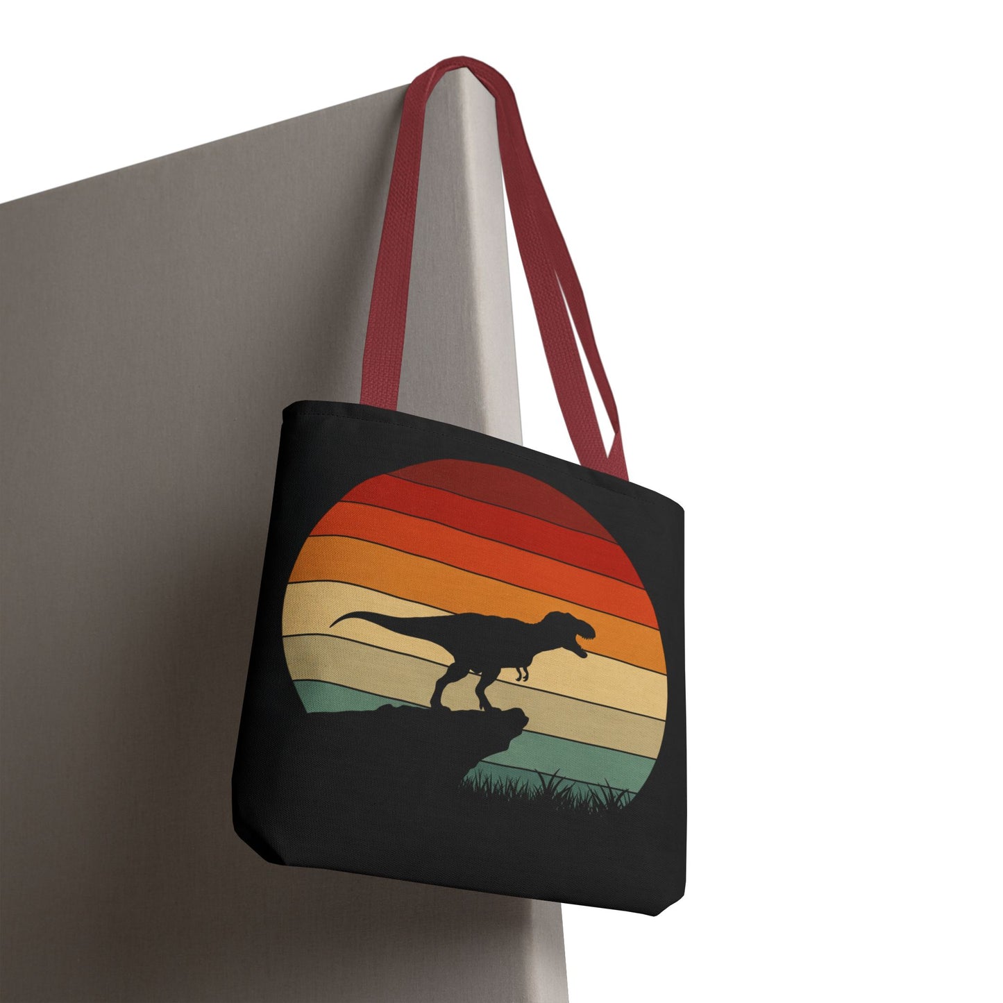 Retro Dinosaur Sunset Tote Bag | AOP Canvas Shopper - Eco Beach Bag for Dino Lovers and Kids, All-Over Print Summer Travel Gift