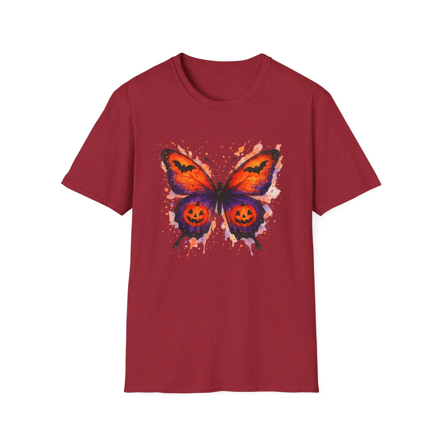 Halloween Watercolor Butterfly T-Shirt - Pumpkin Butterfly Tee, Spooky Butterfly Shirt, Bat and Jack-O'Lantern Wings, Fall Aesthetic Tee