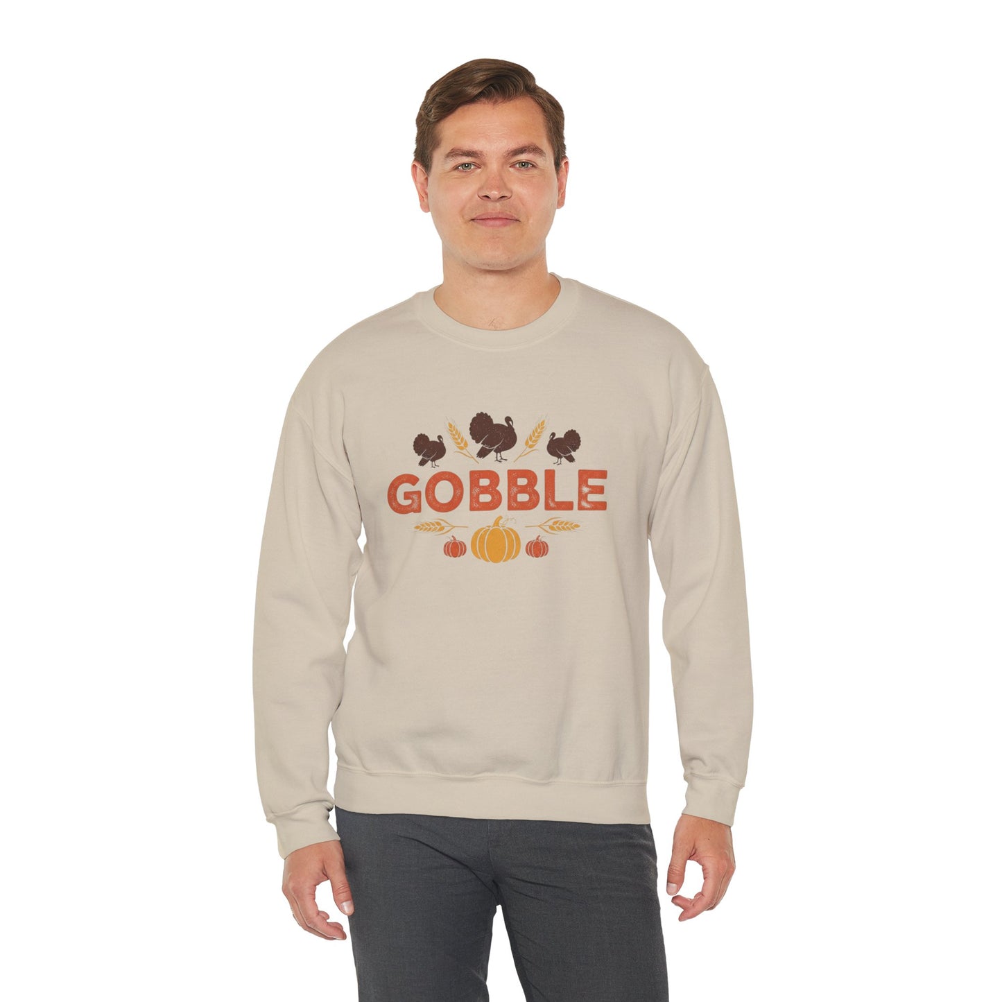 Gobble Turkey Sweatshirt, Thanksgiving Pumpkin Crewneck, Autumn Wheat & Turkey Graphic Pullover, Cozy Fall Family Turkey Day Shirt