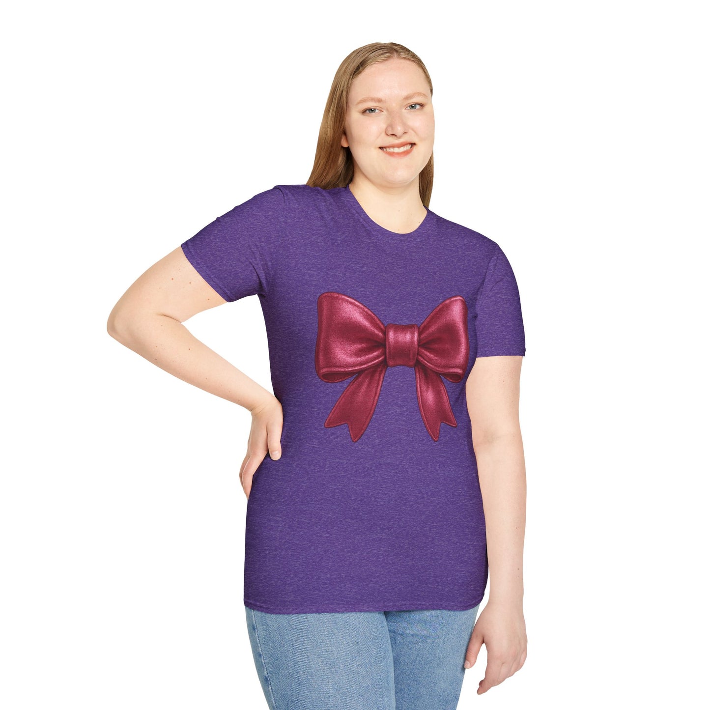 Metallic Burgundy Bow T-Shirt π | Elegant Cute Graphic Tee | Unisex Softstyle Shirt | Gift for Her, Aesthetic Outfit, Celebration Wear