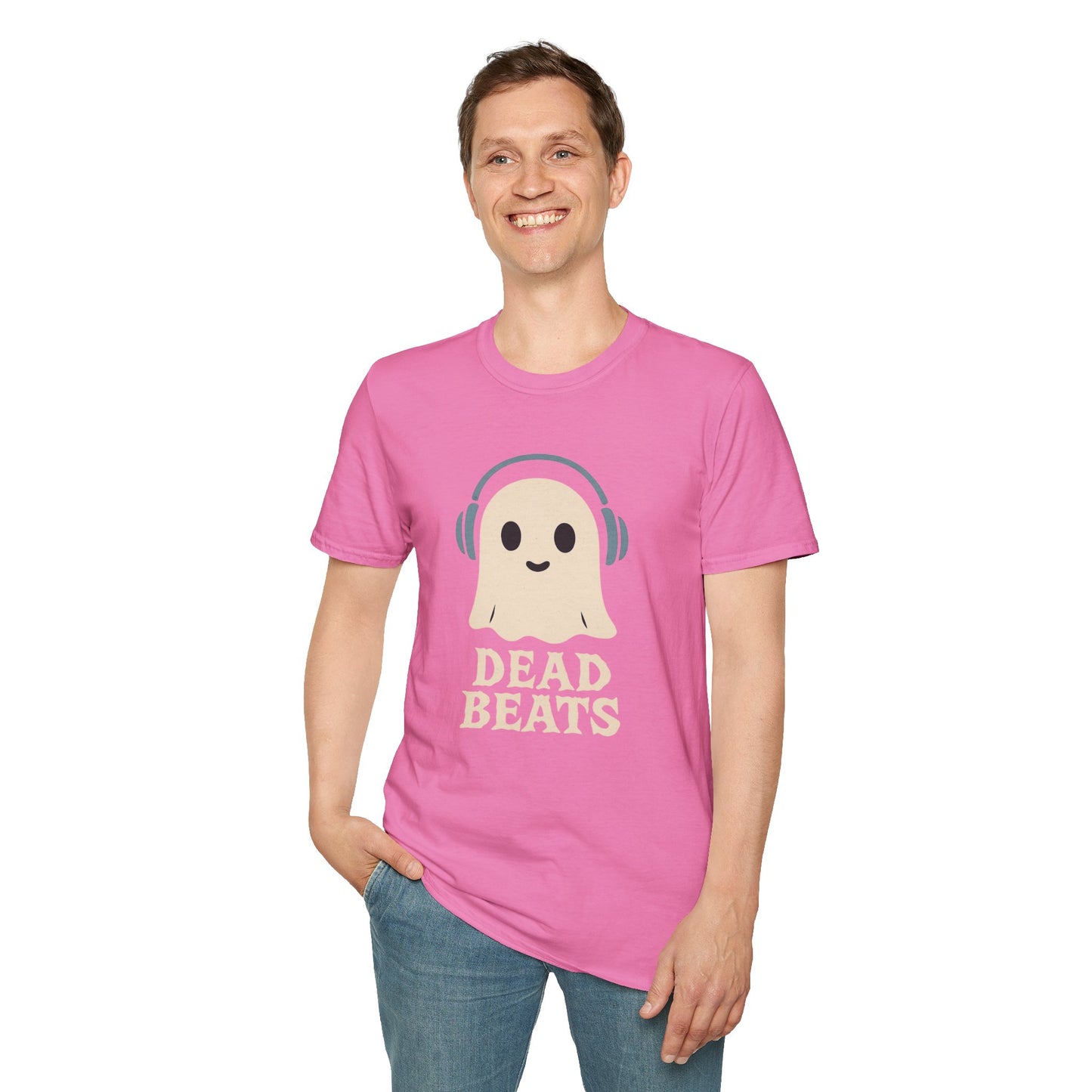 Dead Beats Ghost T-Shirt - Funny Music Halloween Shirt - Cute Ghost with Headphones Tee - Gift for DJs, Musicians and Spooky Season