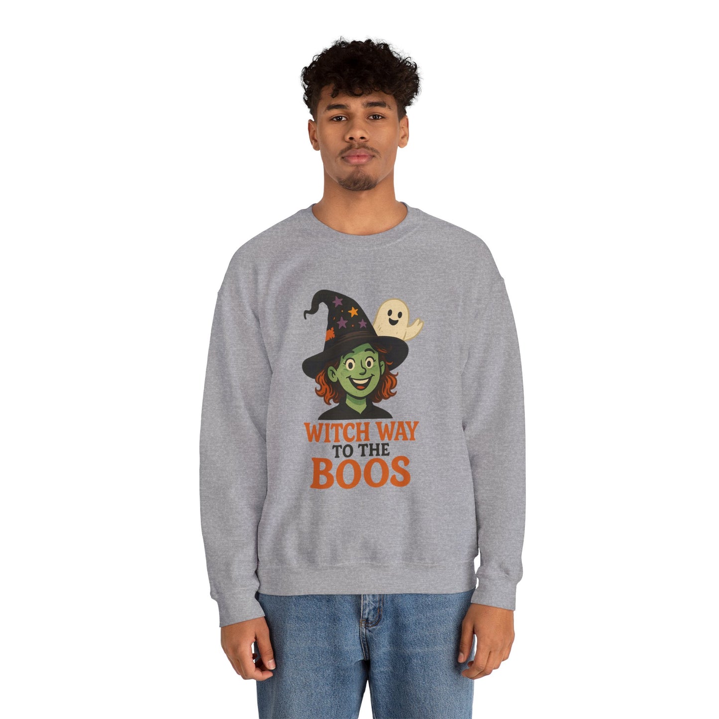Witch Way To The Boos Sweatshirt, Funny Witch Halloween Crewneck, Witchy Ghost Sweatshirt, Spooky Season Graphic Pullover, Lighthearted Halloween Wear
