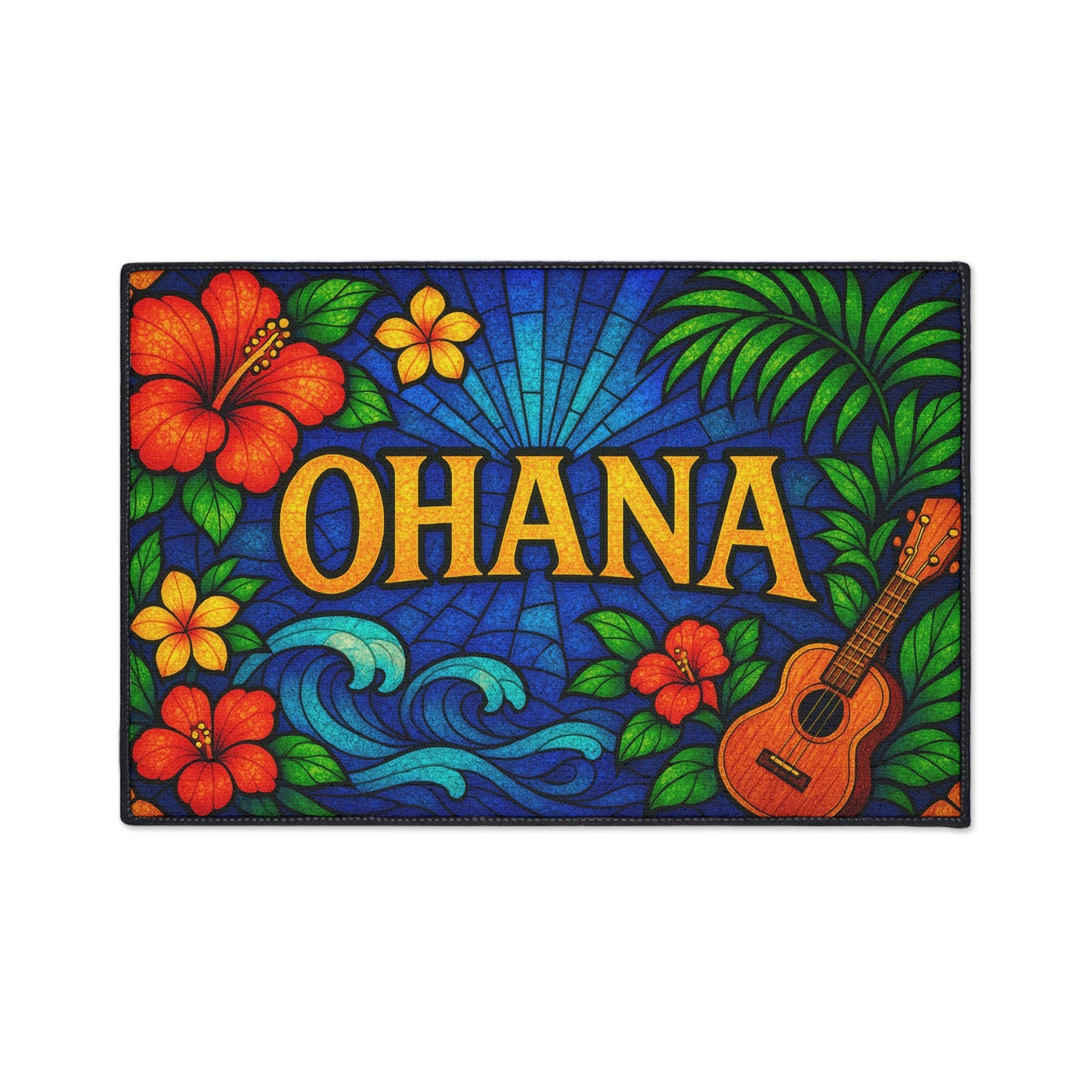 Ohana Welcome Mat - Tropical Hawaiian Rug for Entryway or Kitchen, Family Theme Doormat with Floral Aloha Vibes, Indoor Home Decor