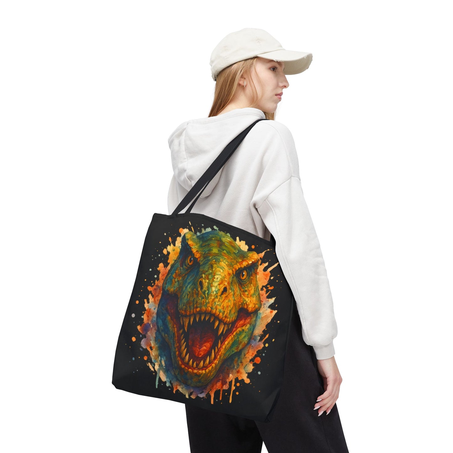 T-Rex Watercolor Tote Bag - 100% Polyester Canvas, Vibrant Dinosaur Art Bag, Reusable Beach-Market Tote, Dino Lover Gift, Bold Style