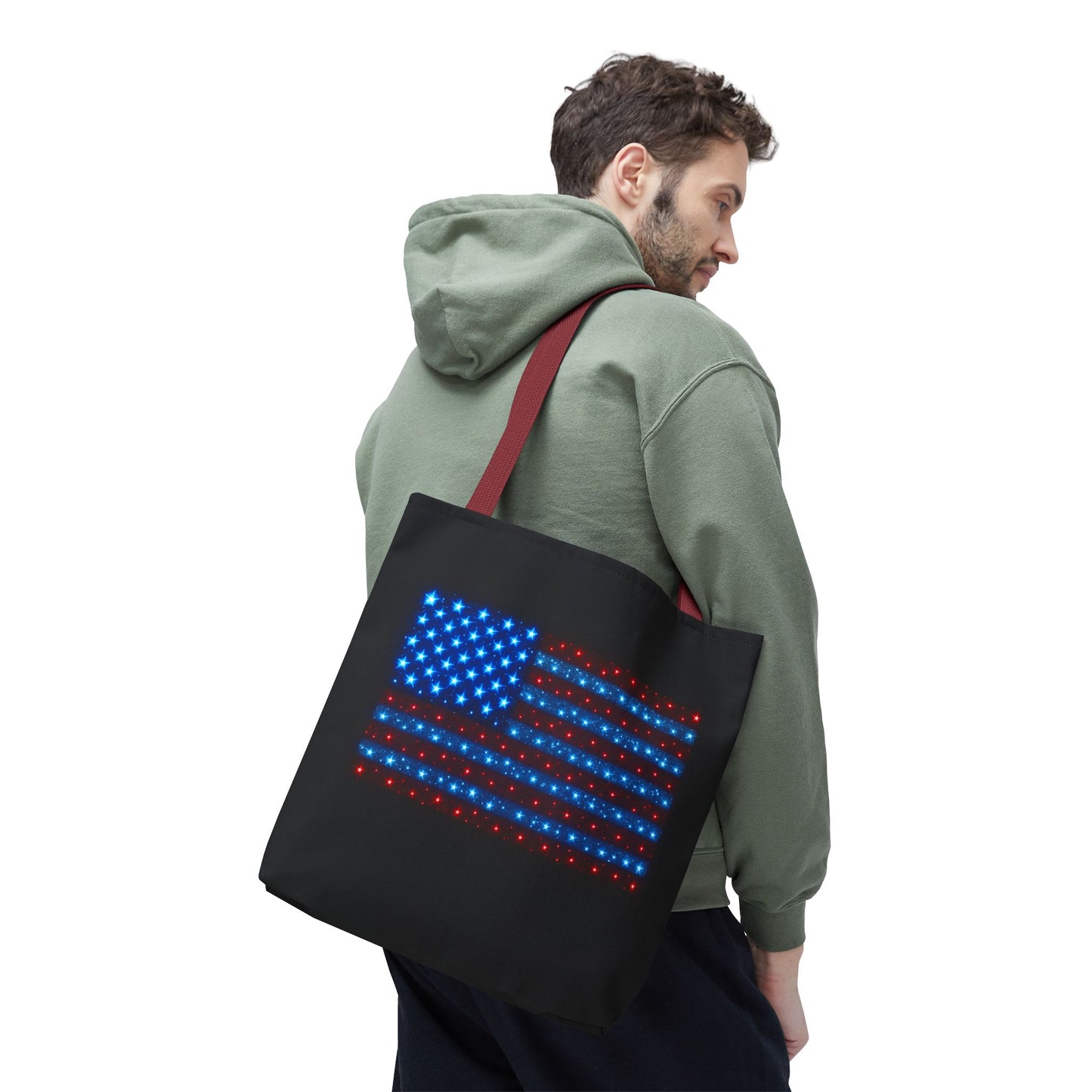 Galaxy Bioluminescent USA Flag Tote Bag - Patriotic Cosmic Canvas Shopper - Starry Red White Blue Tote Non-Glow - 4th July Gift