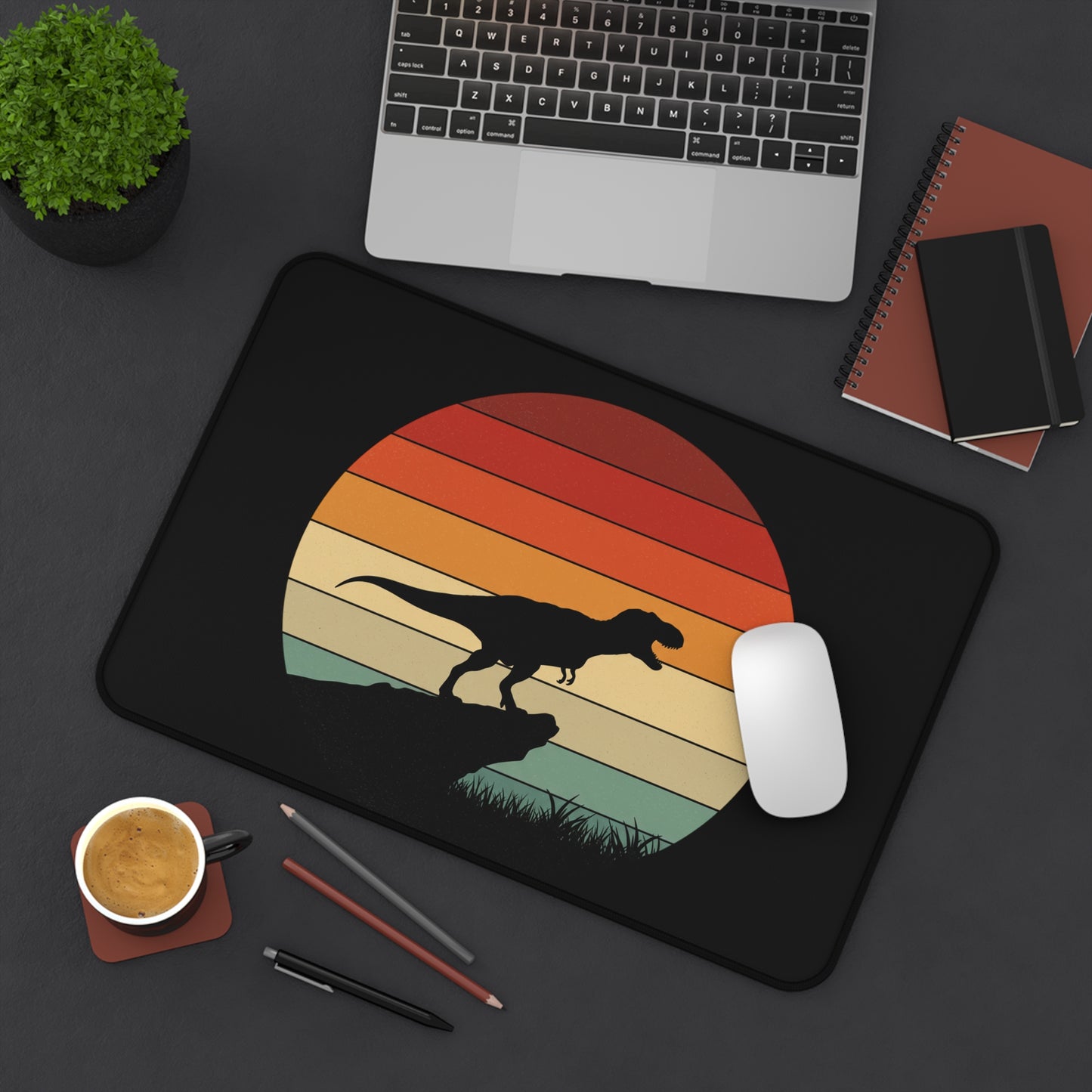 Retro T-Rex Sunset Desk Mat XL | Dinosaur Gaming and Office Mouse Pad - Non‑Slip Rug for Home, Kids, Paleontology Gift