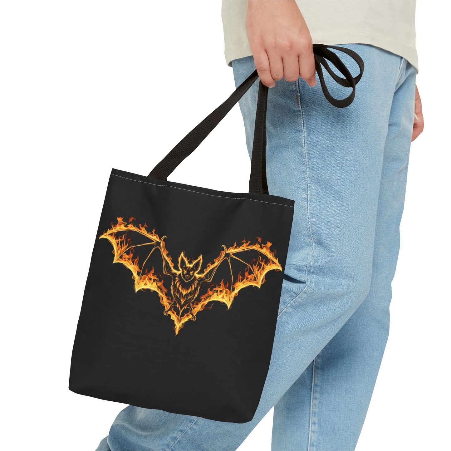 Flaming Bat Tote Bag, Gothic Halloween Canvas Tote, Fiery Wing Bat Design Tote, Spooky Season Accessory, Gothic Gift Tote