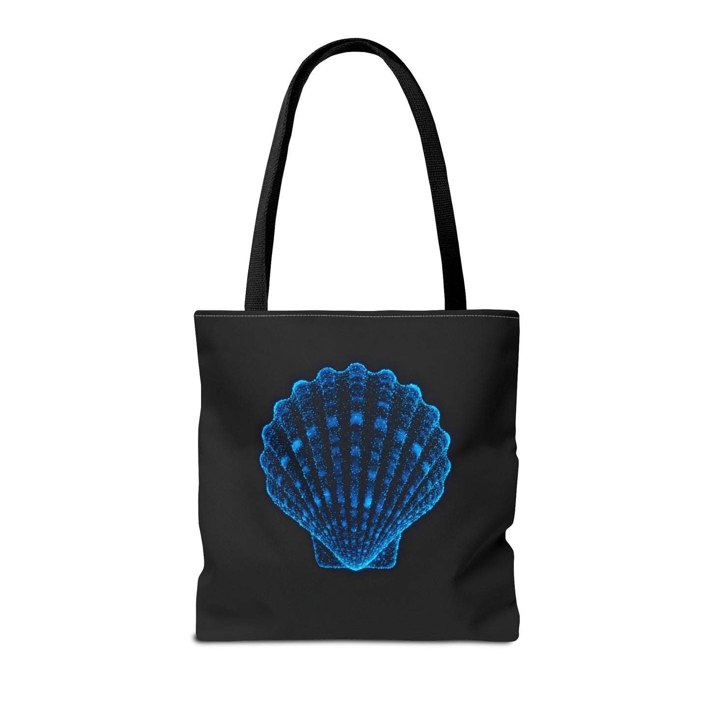 Neon Blue Shell Tote Bag – Digital Scallop Design Canvas Tote, Ocean Tech Art, Minimalist Beach Statement, Reusable Black Shopper Bag