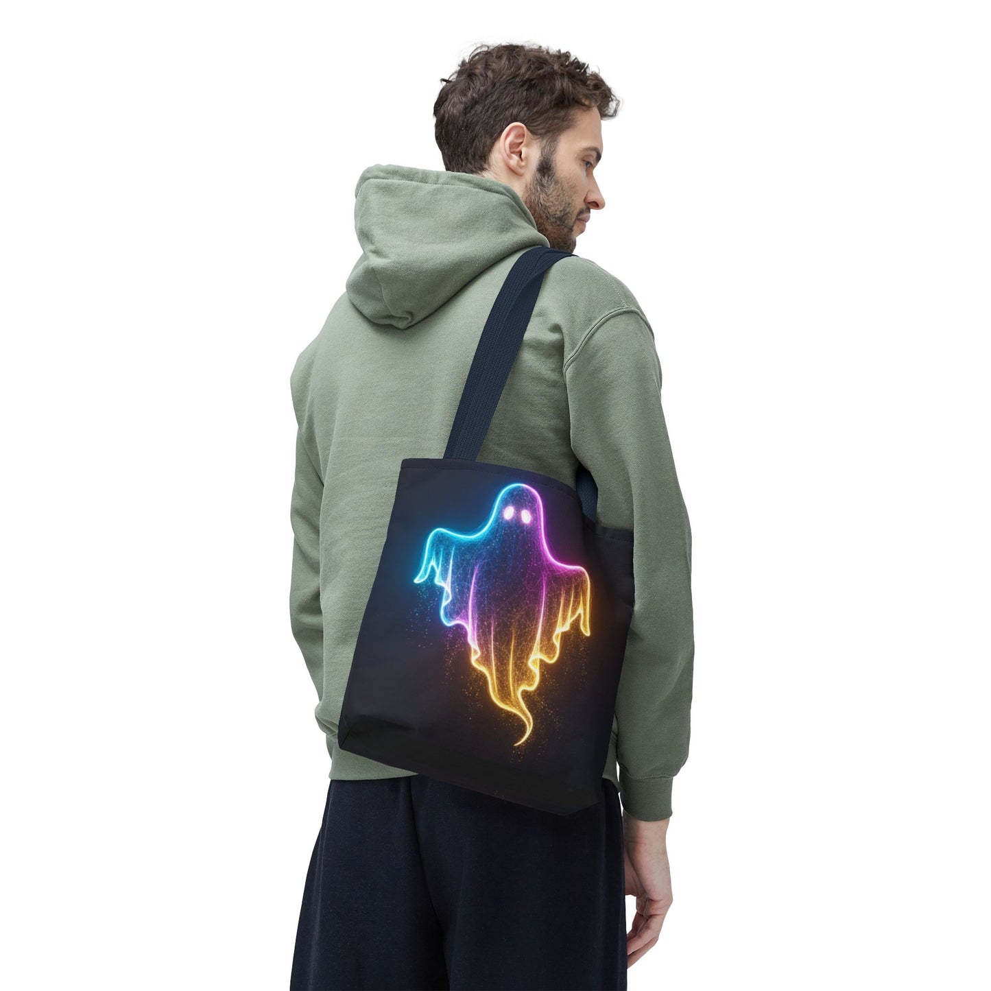 Neon Ghost Tote Bag - Bright Colorful Ghost Print Shoulder Tote, Spooky Cute Reusable Canvas Bag, Halloween Aesthetic Everyday Carry