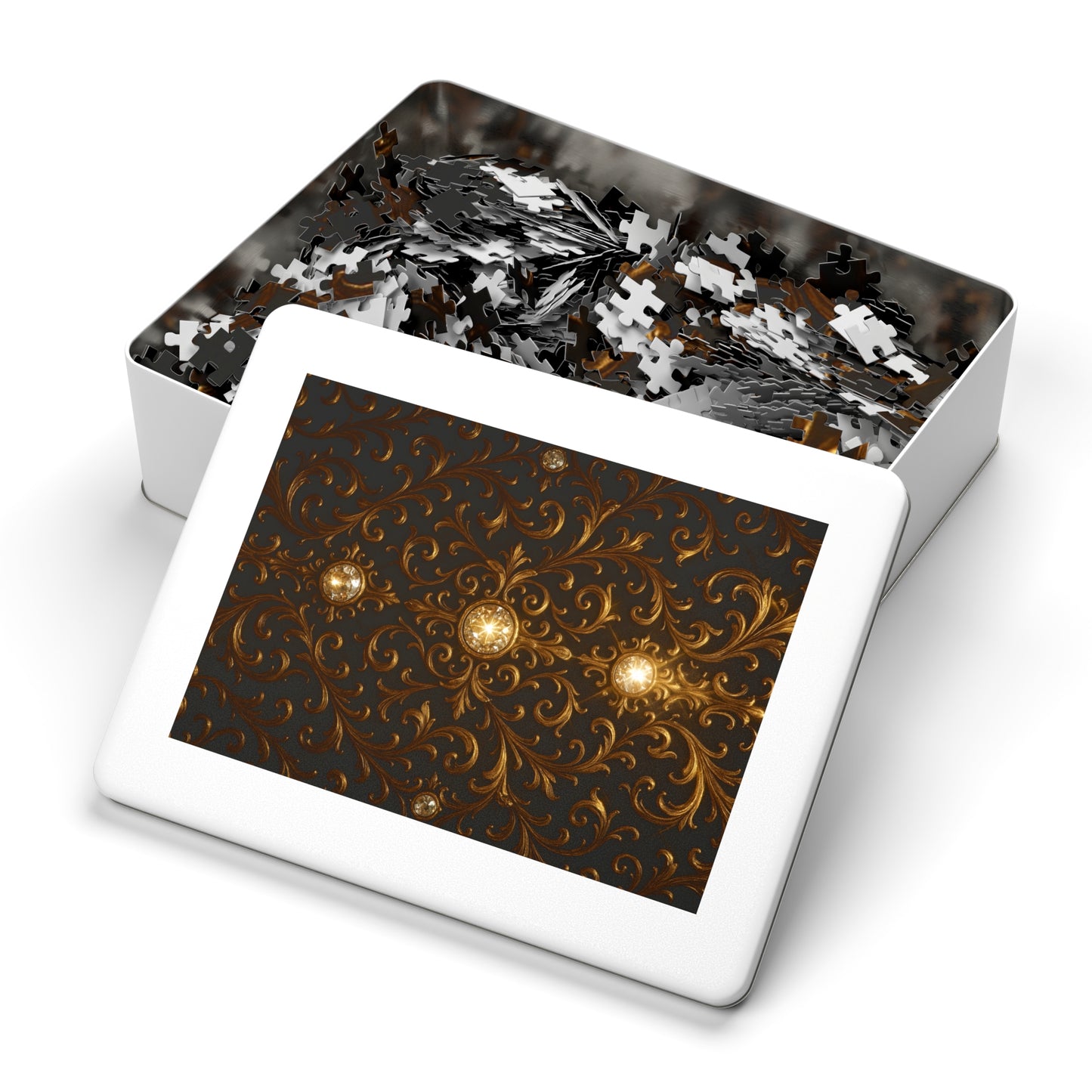 Baroque Gold Jigsaw Puzzle Elegant Gothic Puzzle for Adults, Black Ornate Scroll Pattern, Luxury Brain Game, Dark Aesthetic Gift Idea