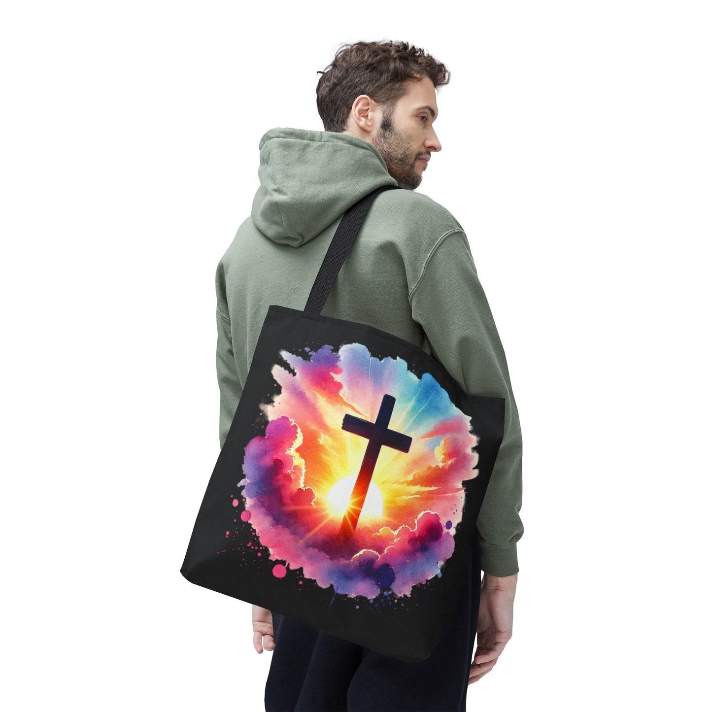 Inspirational Watercolor Sunrise Cross Tote Bag – Faith Art Canvas Tote, Christian Gift, Spiritual Aesthetic, Colorful Bible Verse Tote – Reusable Black Tote