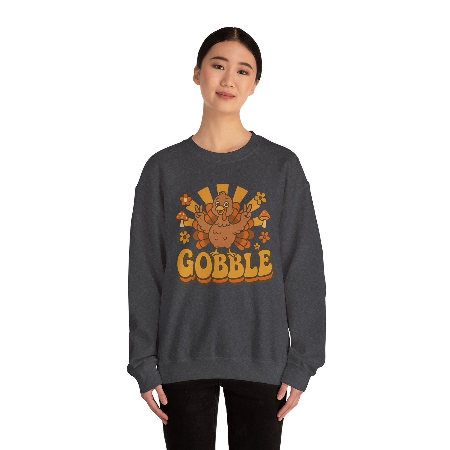 Gobble Turkey Sweatshirt, Retro Fall Turkey Crewneck, Thanksgiving Graphic Pullover, Autumn Mushroom & Flower Design, Cozy Fall Top