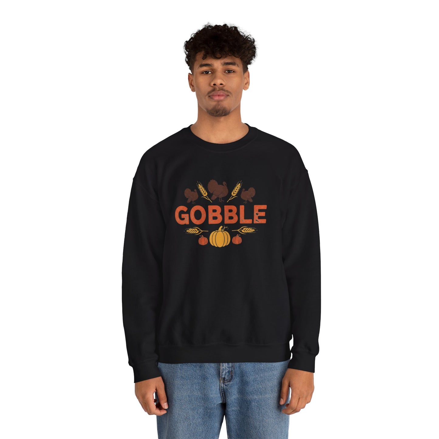 Gobble Turkey Sweatshirt, Thanksgiving Pumpkin Crewneck, Autumn Wheat & Turkey Graphic Pullover, Cozy Fall Family Turkey Day Shirt