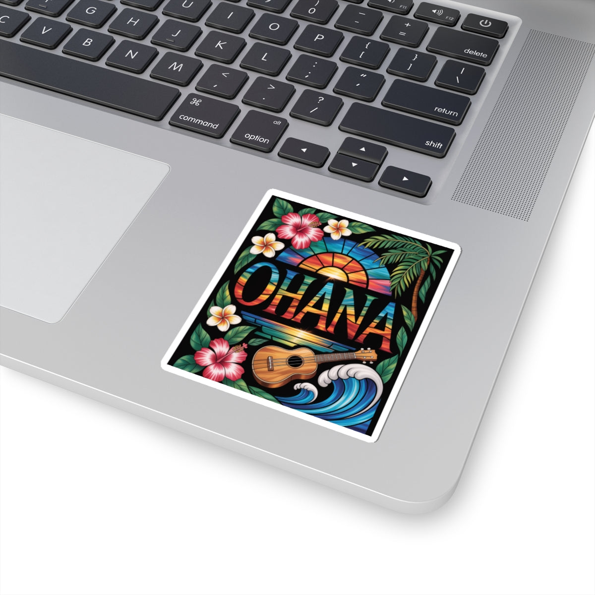 Ohana Sticker - Hawaiian Aesthetic Decal, Tropical Sunset, Ukulele, Hibiscus Flowers, Aloha Vibes