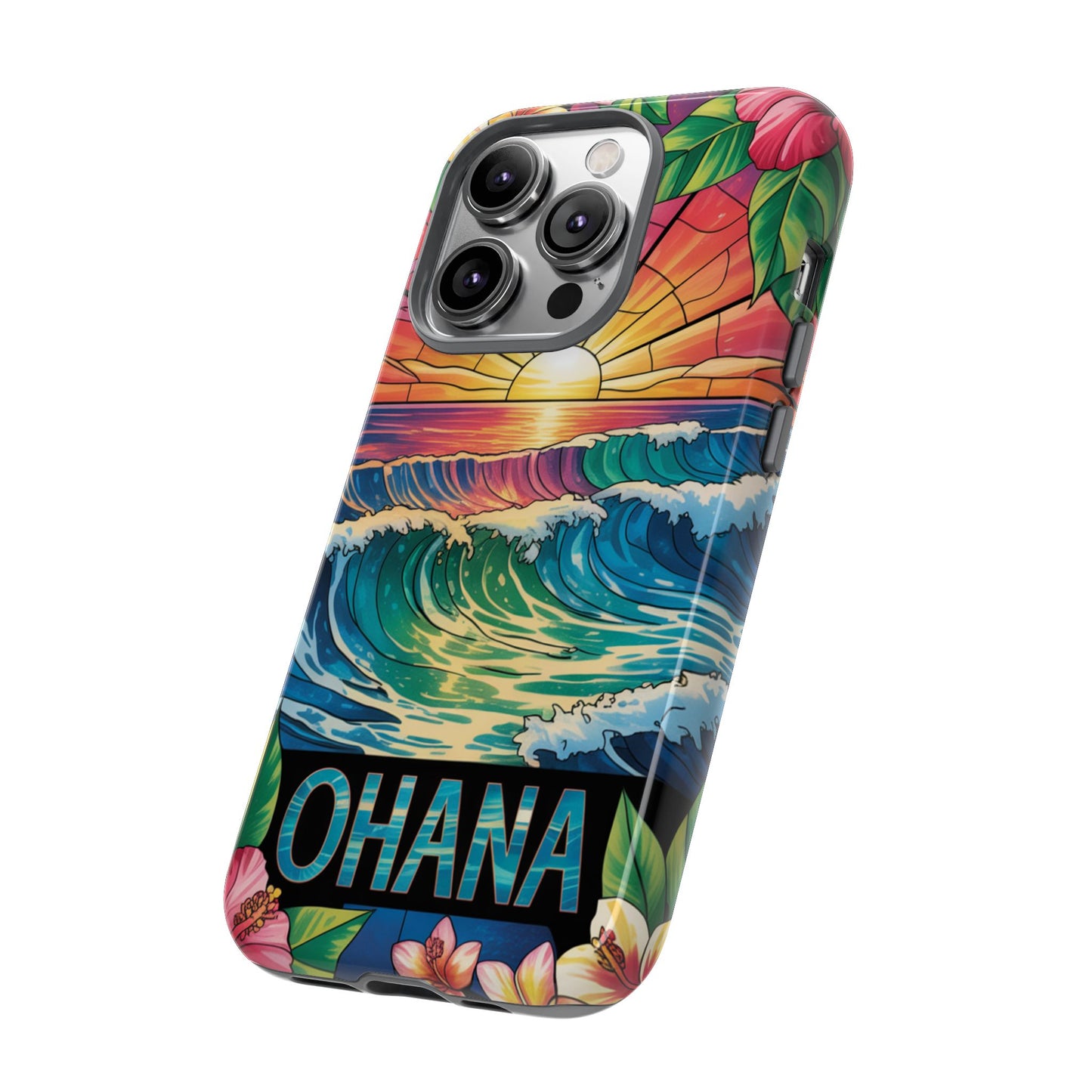 Ohana iPhone Case Tropical Hawaiian Sunset Phone Cover Wave Floral Beach Art Cute Gift for iPhone Lovers