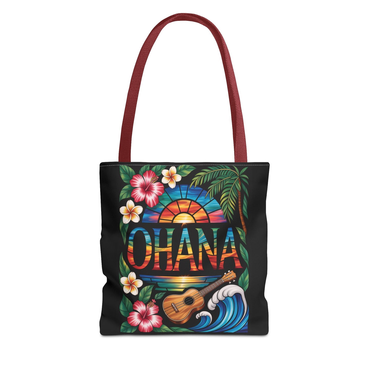 Ohana Tote Bag – Hawaiian Tropical Beach Bag with Ukulele, Sunset & Hibiscus Flowers, Island Gift for Women, Aloha Family Vibes