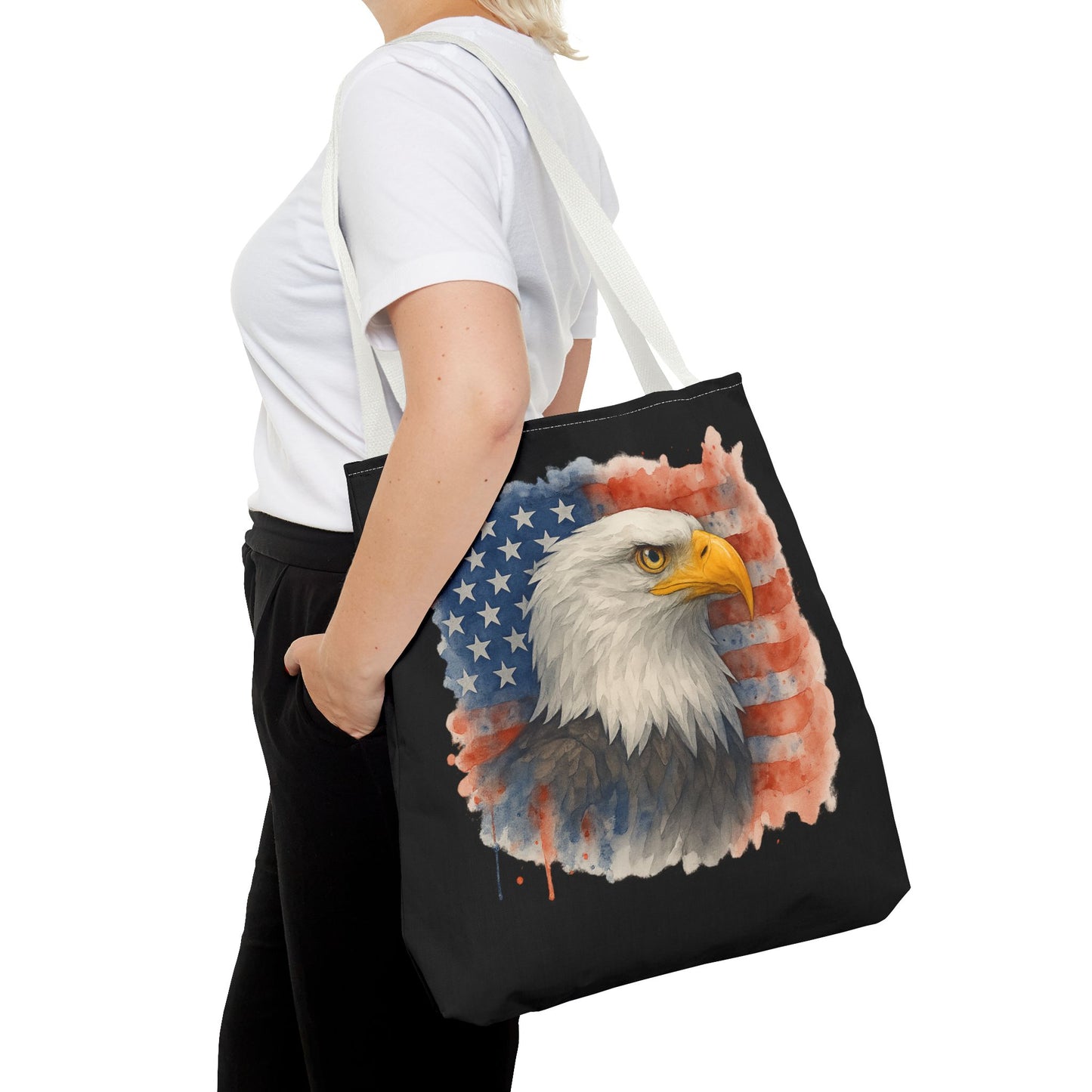 Patriotic Tote Bag with American Flag and Bald Eagle Watercolor Print 4th of July Bag Memorial Day Tote Veteran's Day Tote Bag