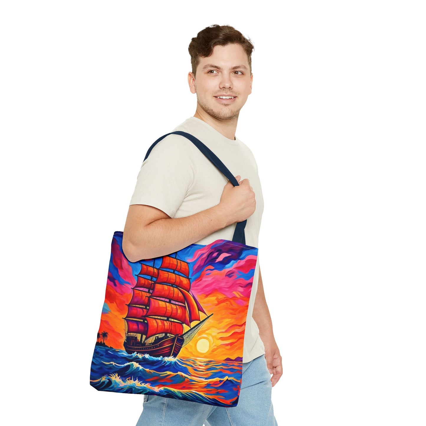 Crimson Voyage Tote Bag, Red Sailboat At Sunset Artistic Ocean Design, Nautical Reusable Tote For Beach, Travel, And Everyday Use