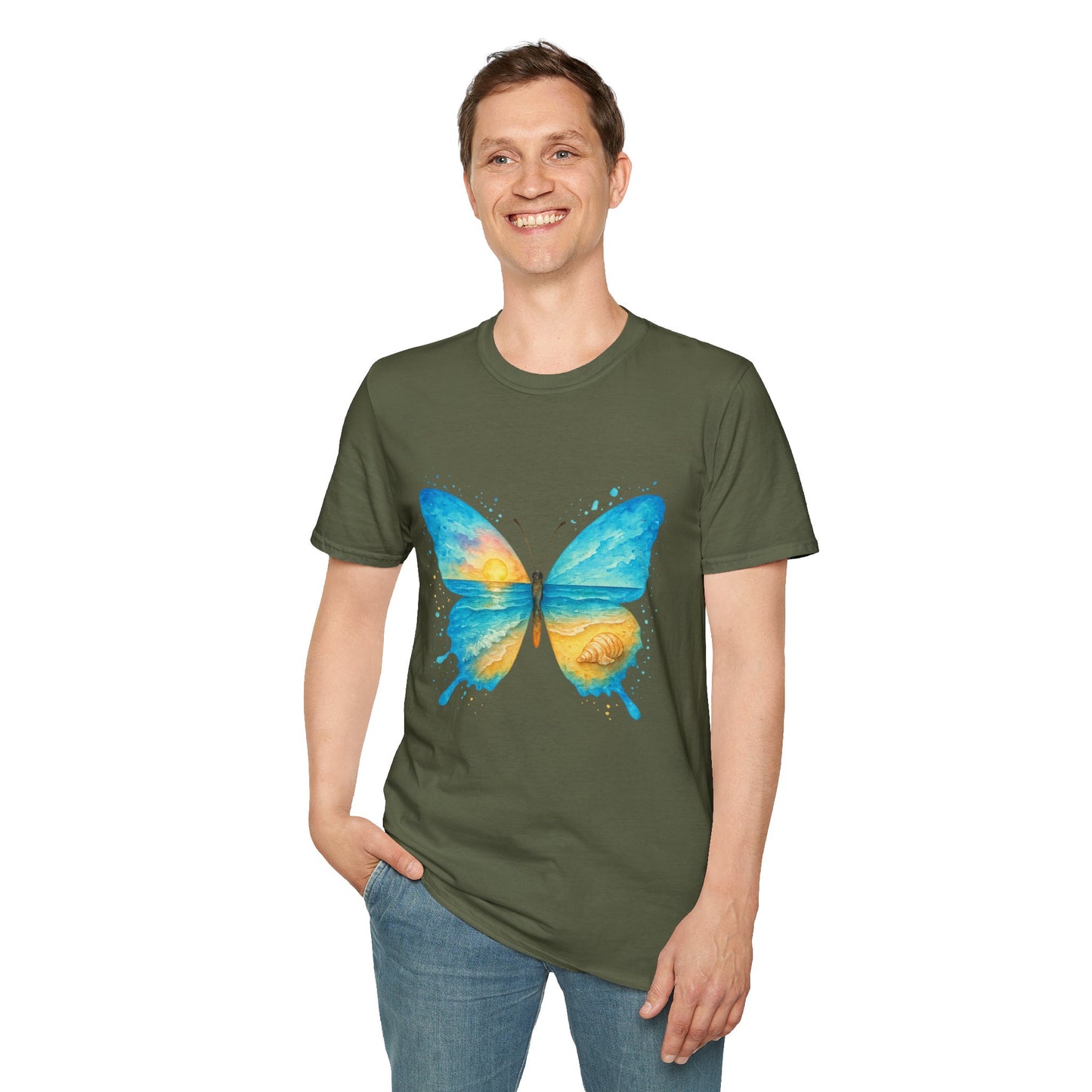 Butterfly Sunset Beach Tee - Scenic Butterfly Graphic Shirt, Nature Lover Gift, Boho Ocean Tee, Unisex Casual T-Shirt