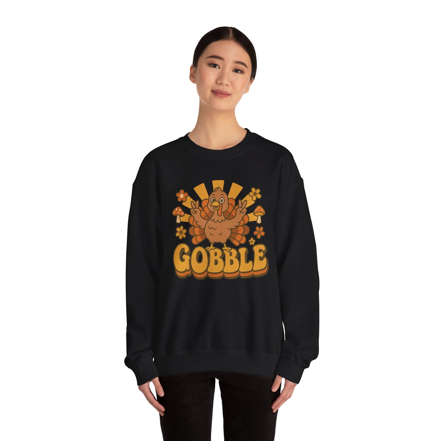Gobble Turkey Sweatshirt, Retro Fall Turkey Crewneck, Thanksgiving Graphic Pullover, Autumn Mushroom & Flower Design, Cozy Fall Top