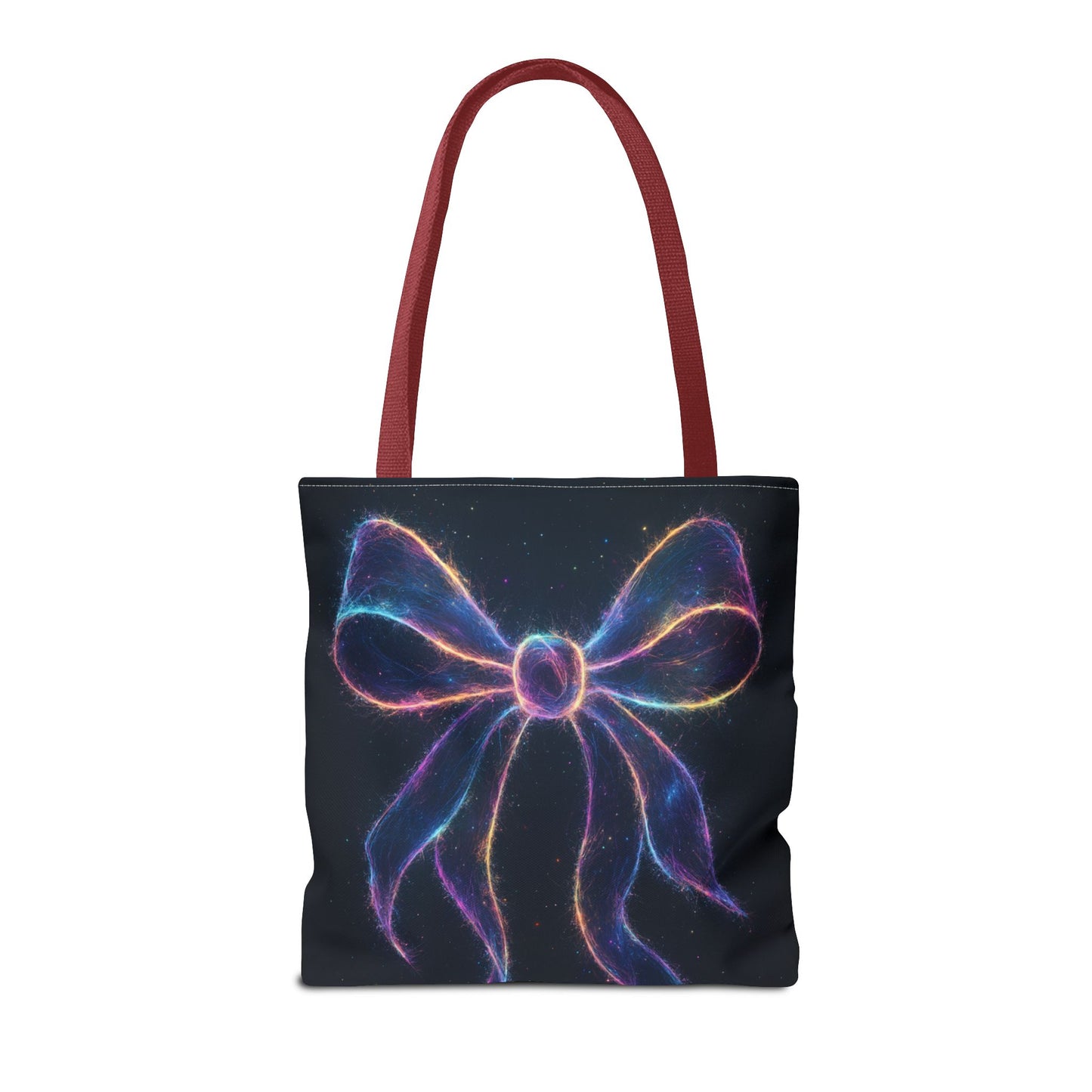 Galaxy Glow Bow Tote Bag, Cosmic Neon Ribbon Design, Black Space Art Bag, Celestial Gift For Her, Stylish Reusable Everyday Tote