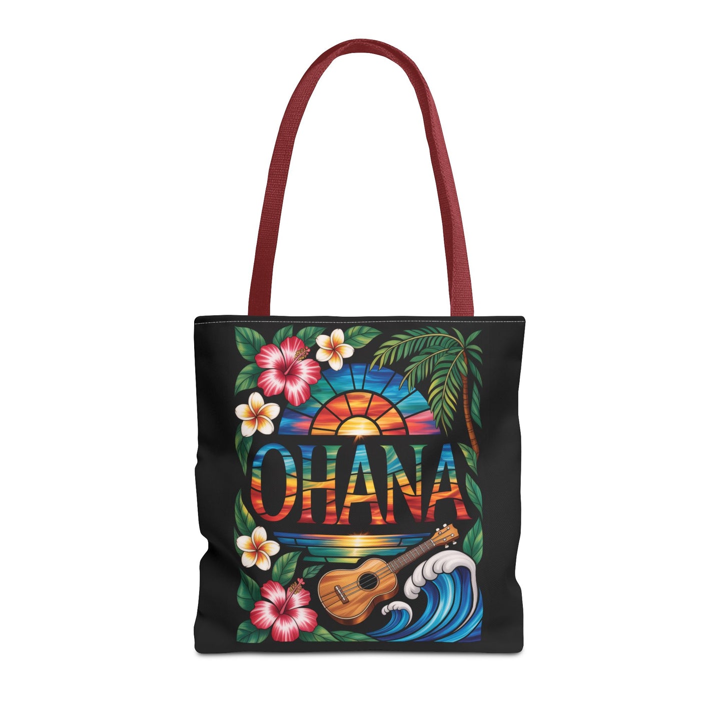 Ohana Tote Bag – Hawaiian Tropical Beach Bag with Ukulele, Sunset & Hibiscus Flowers, Island Gift for Women, Aloha Family Vibes