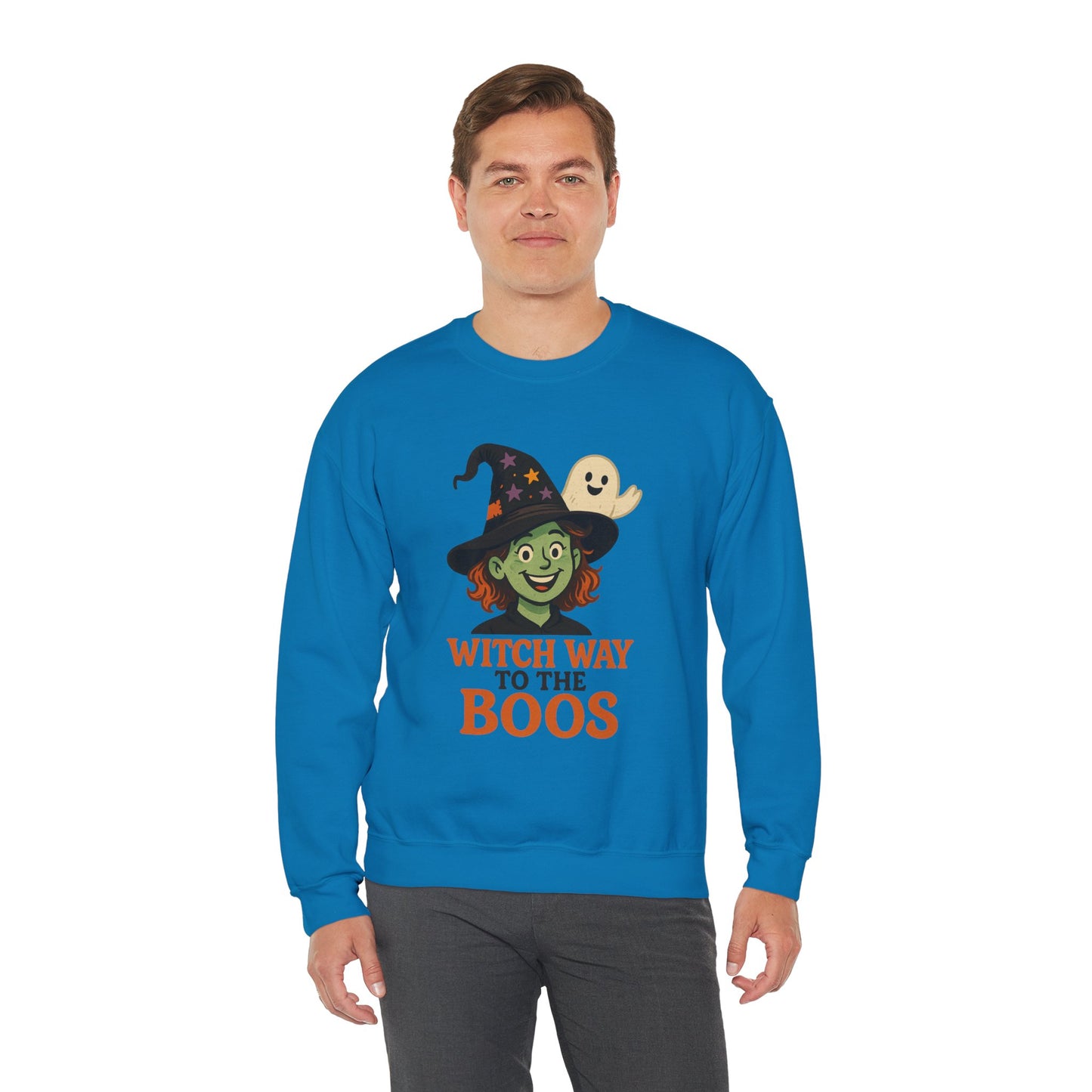 Witch Way To The Boos Sweatshirt, Funny Witch Halloween Crewneck, Witchy Ghost Sweatshirt, Spooky Season Graphic Pullover, Lighthearted Halloween Wear
