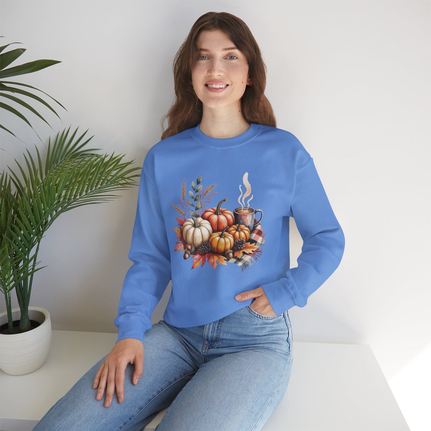 Fall Pumpkin Sweatshirt, Cozy Autumn Crewneck, Thanksgiving Sweater With Pumpkins And Coffee, Fall Leaves Pullover, Seasonal Gift