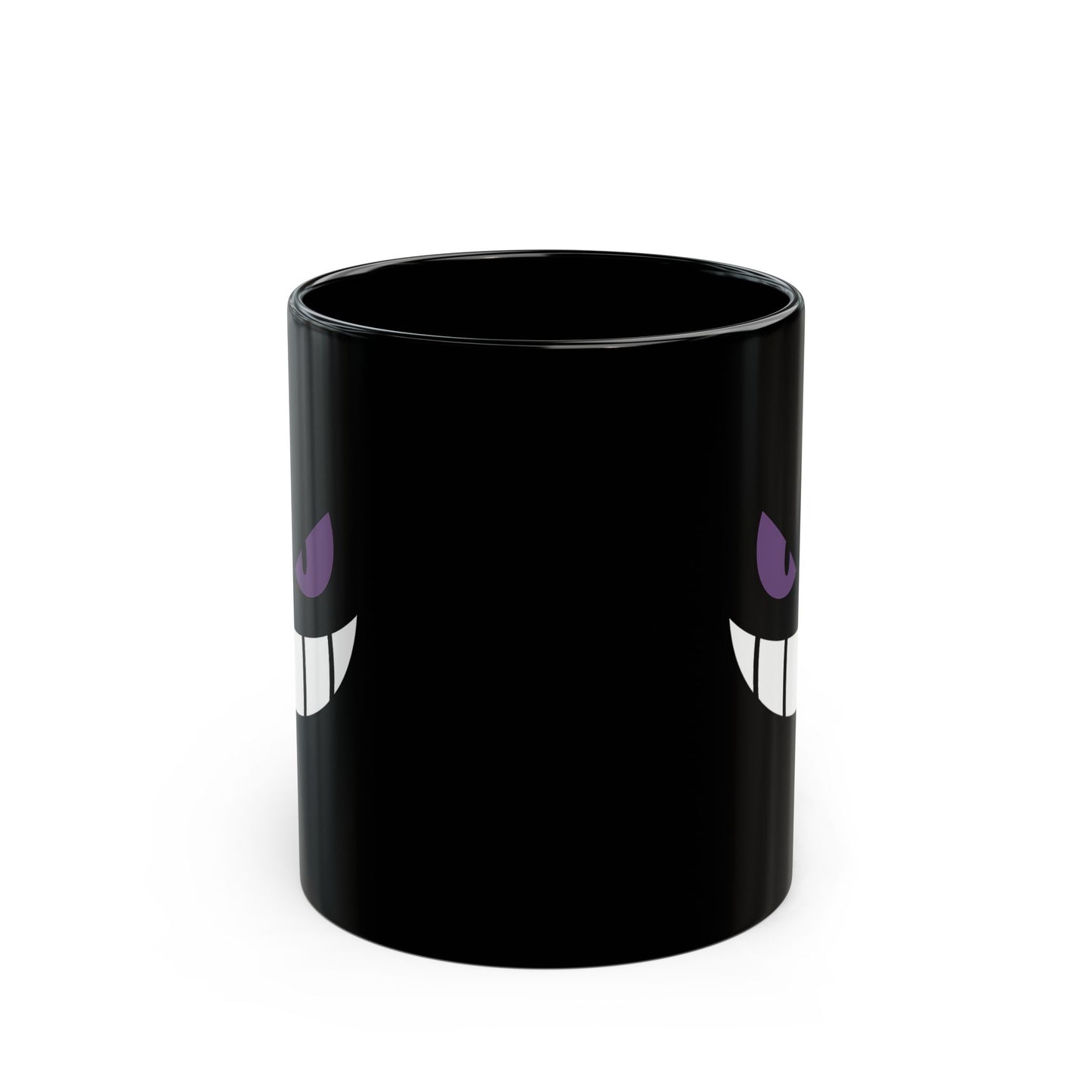 Mischievous Purple Eyes Mug - Black Coffee Cup with Spooky Grin - Cute Yet Creepy Gift for Gamers, Anime Fans, and Coffee Lovers