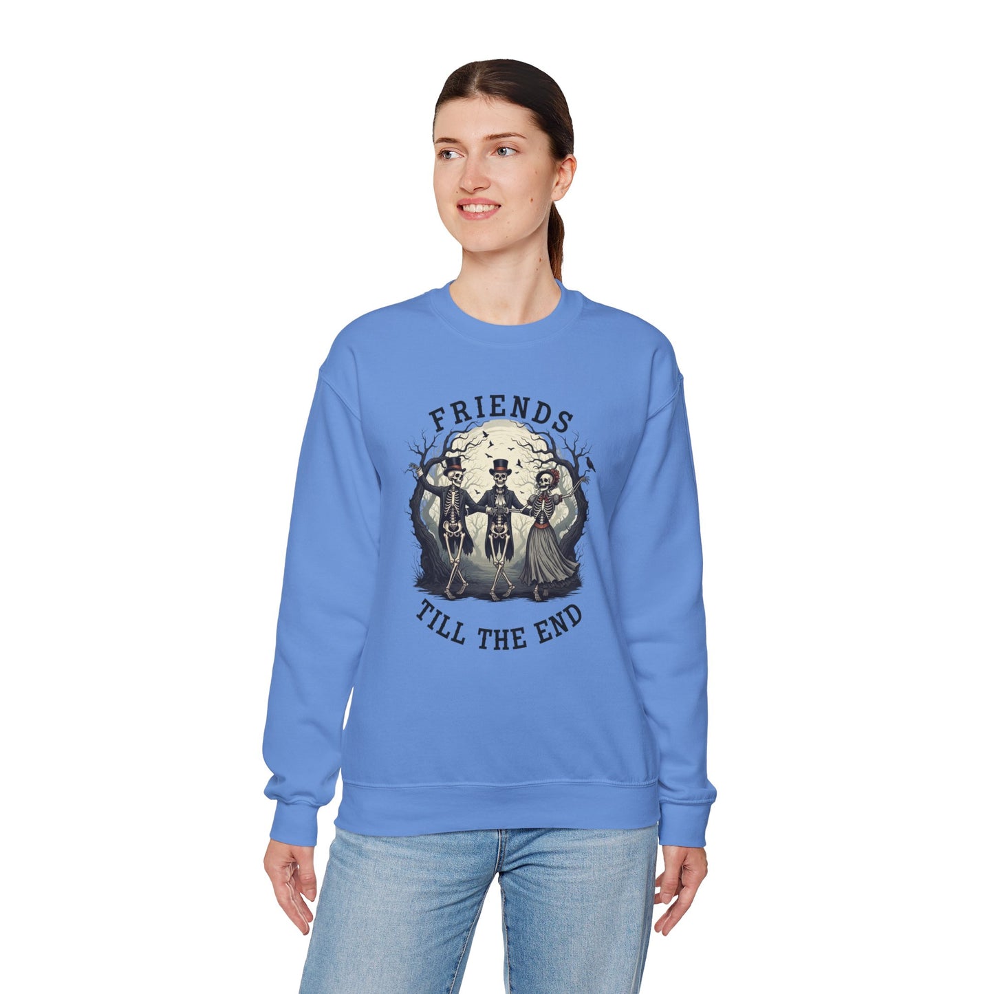 Friends Till The End Skeleton Sweatshirt | Dancing Skeletons Halloween Crewneck | Spooky Fall Graphic Pullover Gift for Bestie