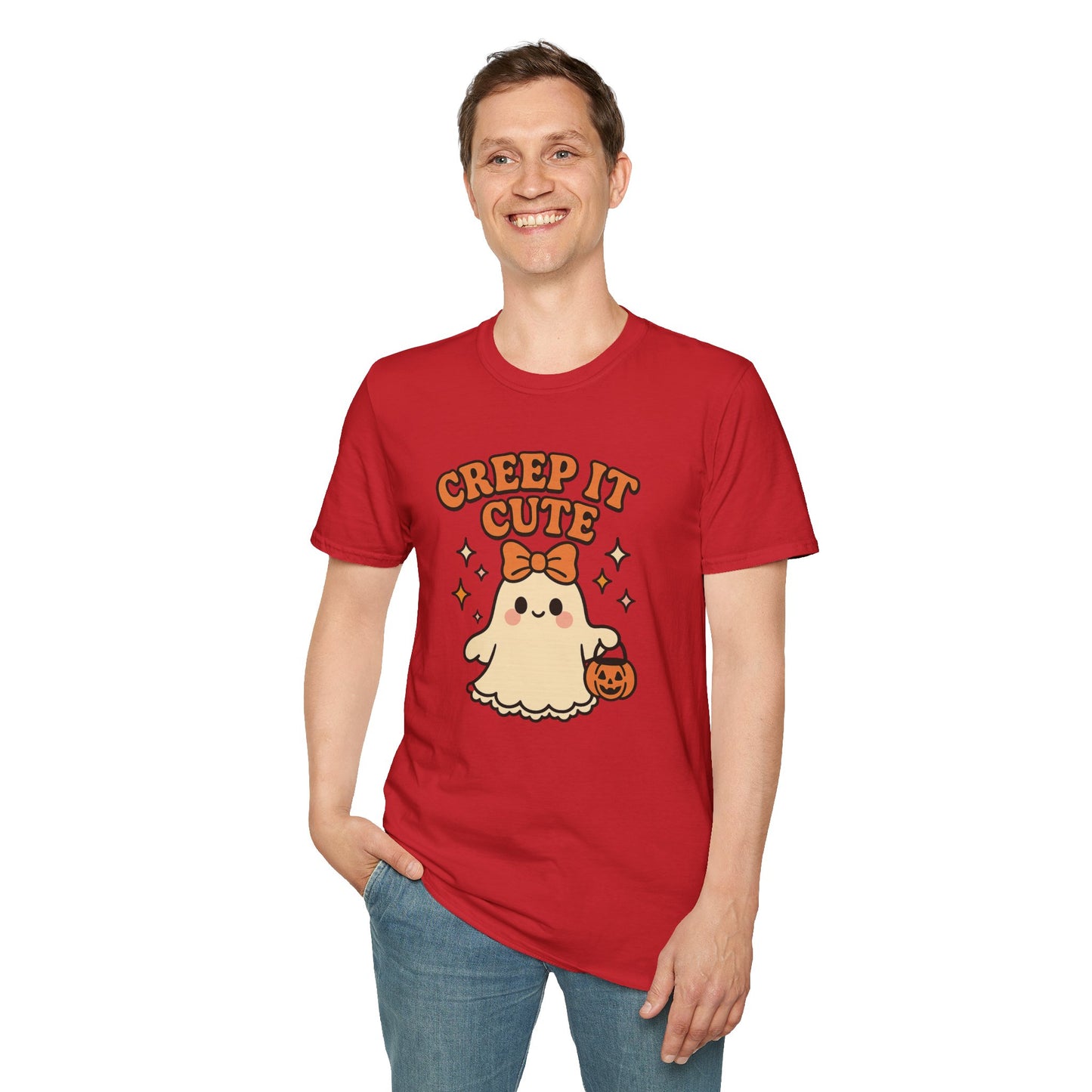Creep It Cute Ghost Halloween Shirt - Kawaii Ghost Tee with Bow and Pumpkin, Spooky-Cute Fall Graphic T-Shirt, Spooky Season Halloween Top