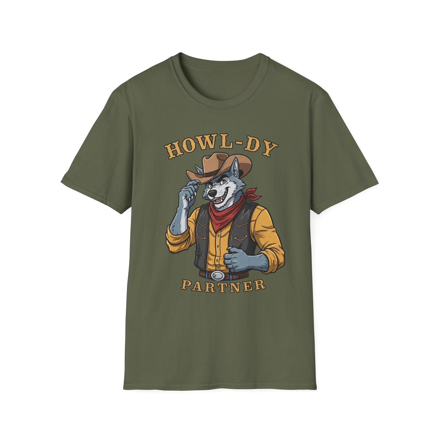 Howl-dy Partner Wolf Cowboy T-Shirt | Western Howling Wolf Graphic Tee, Funny Animal Shirt, Cowboy Gifts, Rustic Country Tee