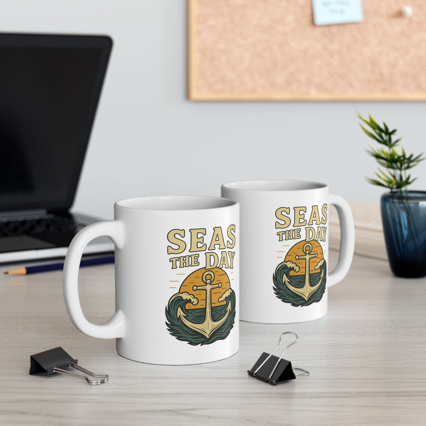 Seas the Day Coffee Mug – Nautical Anchor Ocean Sunset Cup, Funny Motivational Gift for Coffee Lovers, Sailors & Beach Vibes