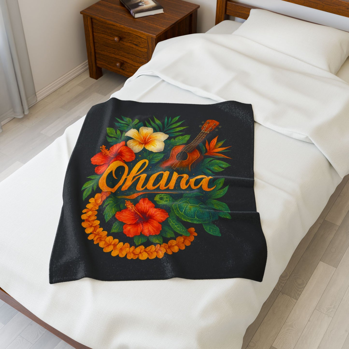 Ohana Hawaiian Blanket - Tropical Floral Turtle Ukulele Throw - Polynesian Island Bedding - Hawaii Gift - Cozy Beach Vibes Decor