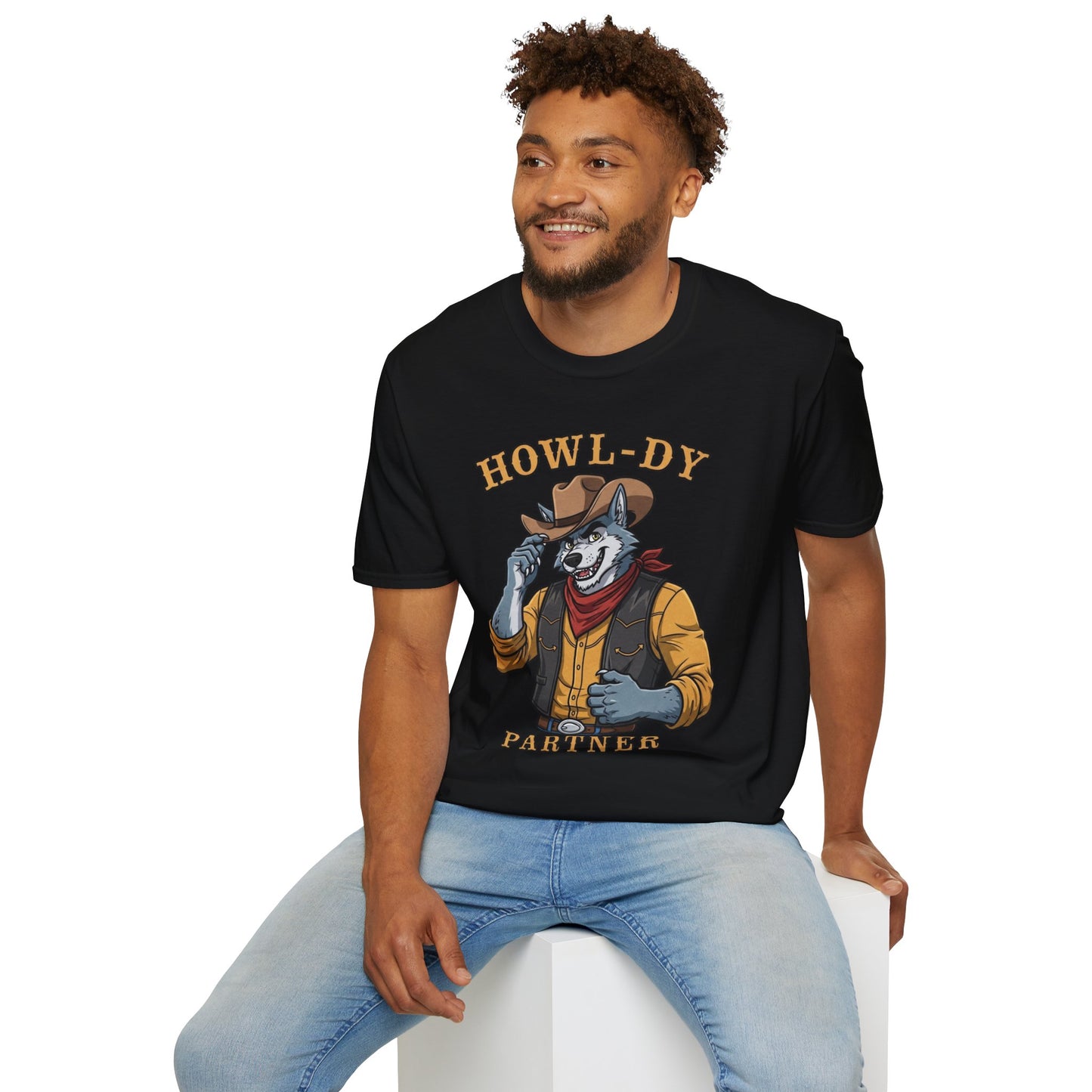 Howl-dy Partner Wolf Cowboy T-Shirt | Western Howling Wolf Graphic Tee, Funny Animal Shirt, Cowboy Gifts, Rustic Country Tee