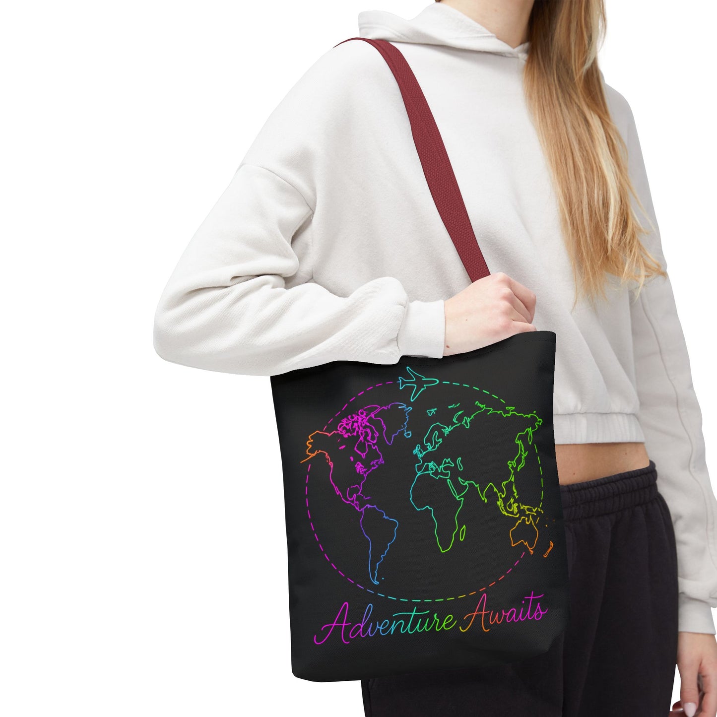 Adventure Awaits Neon Tote Bag - Y2K Rainbow World Map and Plane Travel Tote, Reusable Canvas Tote for Airport, Beach, Market + Gift