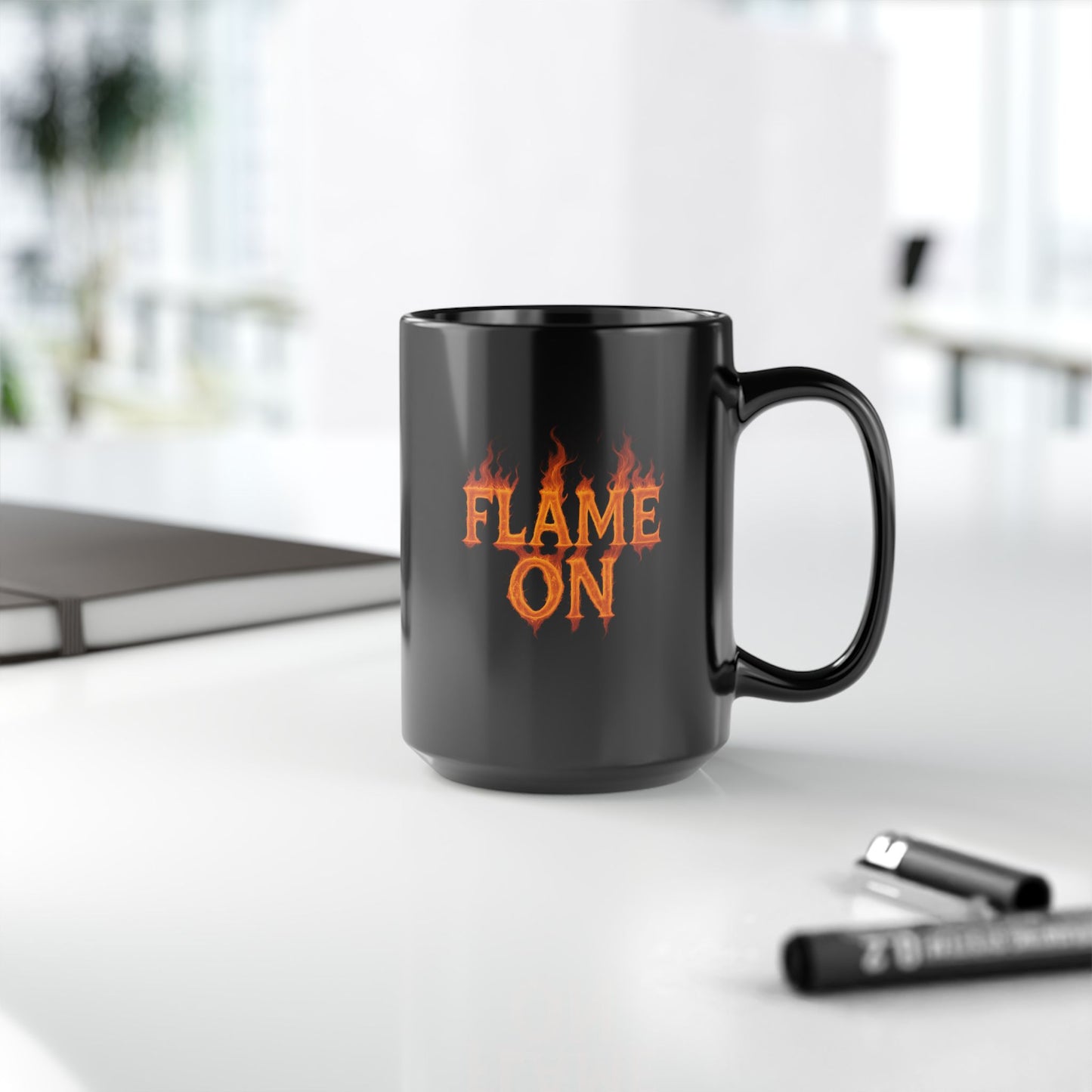 Flame On Mug - Fire Typography Coffee Cup for Superhero Fans, Hot Drink Black Mug, Comic Style Gift, Hero Catchphrase Energy