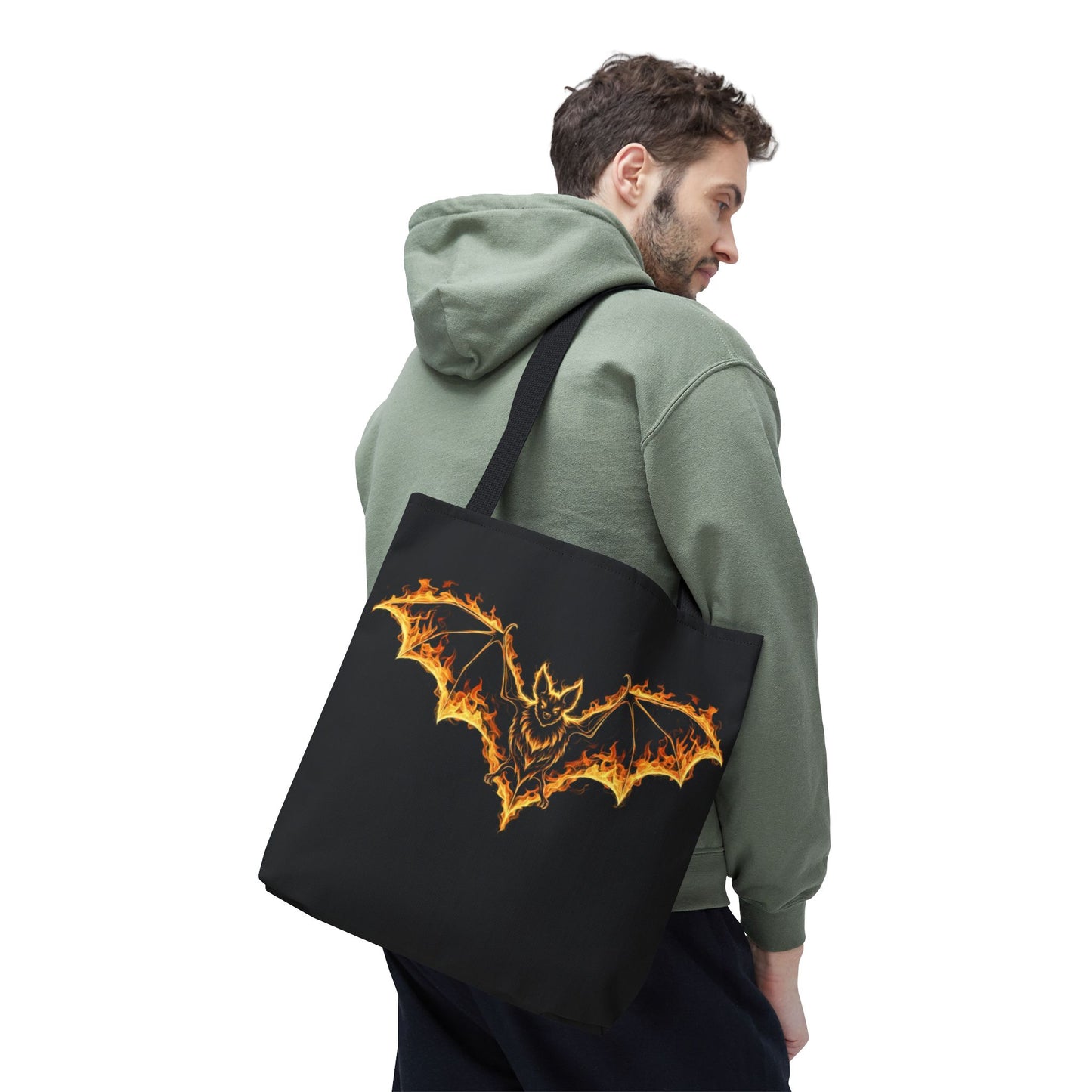 Flaming Bat Tote Bag, Gothic Halloween Canvas Tote, Fiery Wing Bat Design Tote, Spooky Season Accessory, Gothic Gift Tote