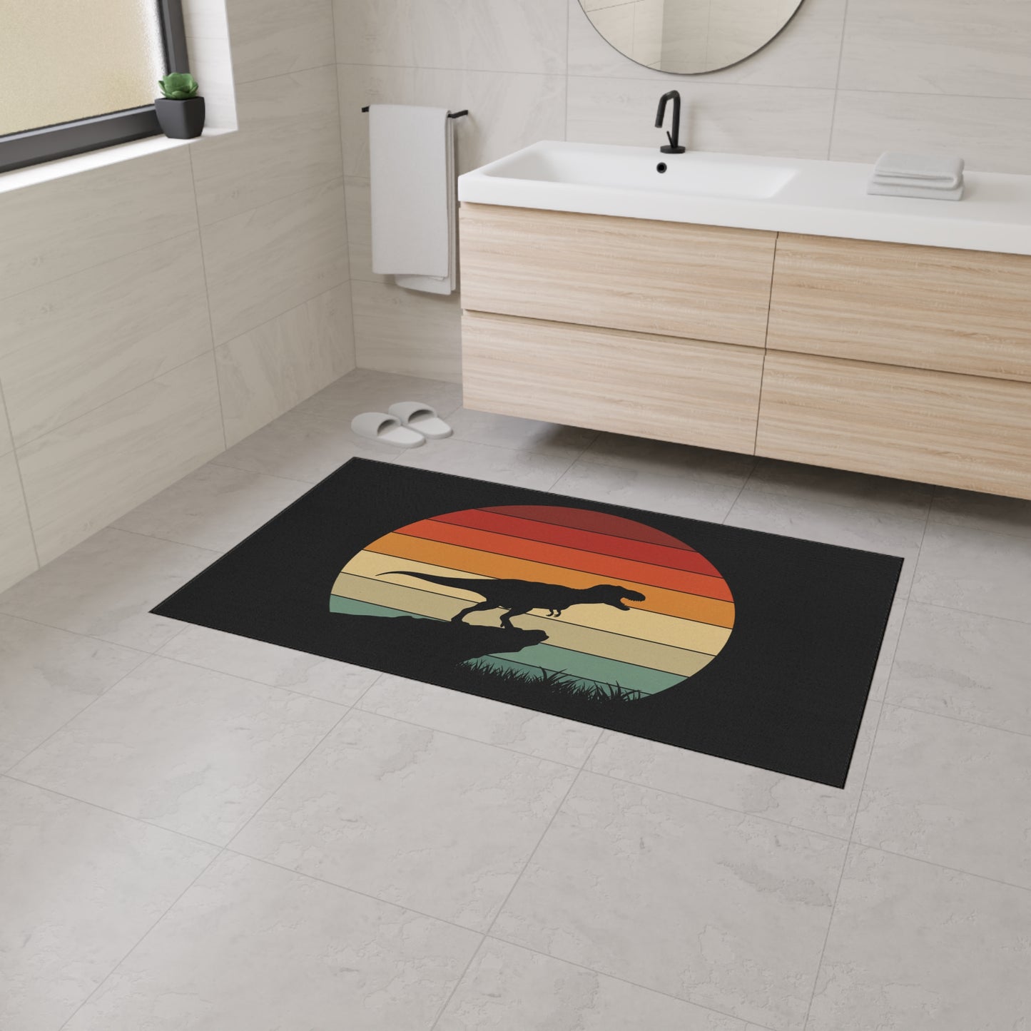 Retro T-Rex Sunset Floor Mat | Heavy Duty Playroom Rug - Non-Slip Dinosaur Entrance Mat for Kids Room, Home, Nursery Decor