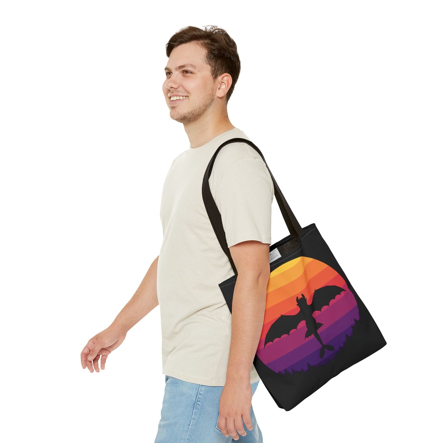 Sunset Dragon Flight Tote Bag, Reusable Eco-Friendly Shoulder Bag With Silhouette Design, Aesthetic Black Tote For Everyday Use And Gifts