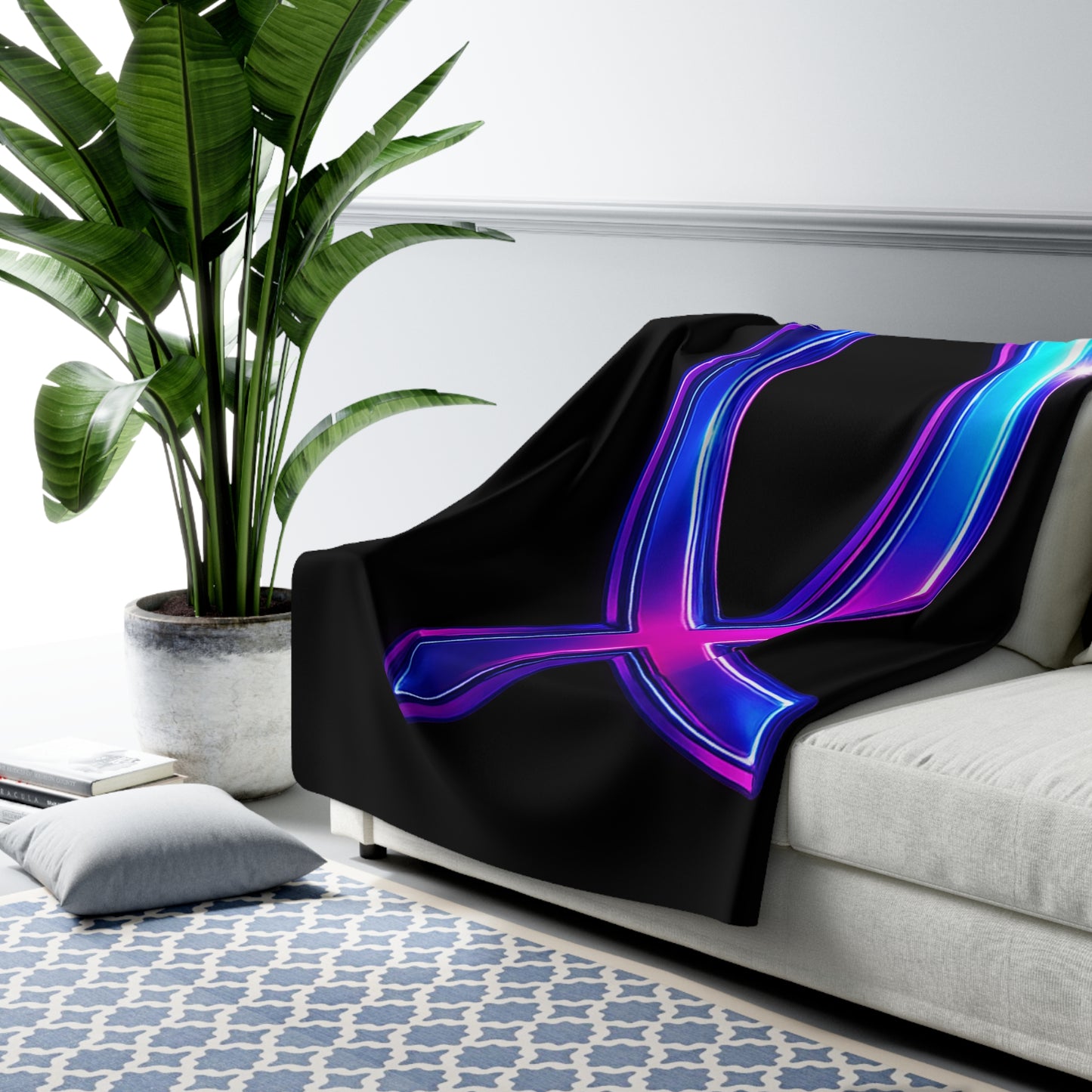 Neon Faith Sherpa Fleece Blanket, Futuristic Blue And Pink Symbol Design, Soft Glow Throw Blanket For Home Decor, Gifts, And Cozy Comfort